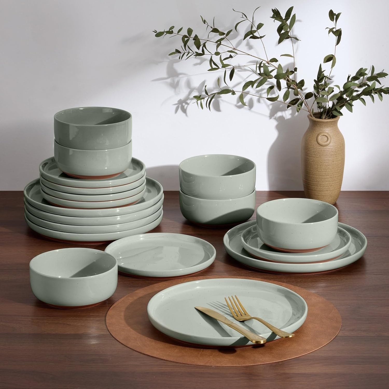 image:imageEfar 6Piece Stoneware Plates and Bowls Sets Dinnerware Sets for 2 Ceramic Dishware Dishes Set with Terracotta Base Chip amp Scratch Resistant Microwave amp Dishwasher Safe Matte BlackSage Green