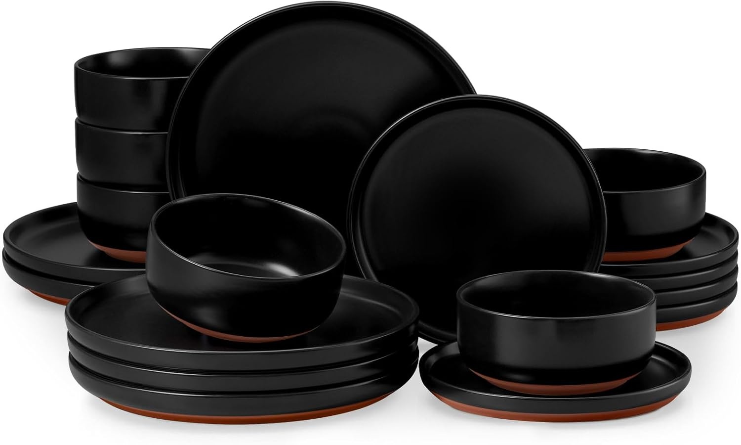 image:imageEfar 6Piece Stoneware Plates and Bowls Sets Dinnerware Sets for 2 Ceramic Dishware Dishes Set with Terracotta Base Chip amp Scratch Resistant Microwave amp Dishwasher Safe Matte BlackMatte Black