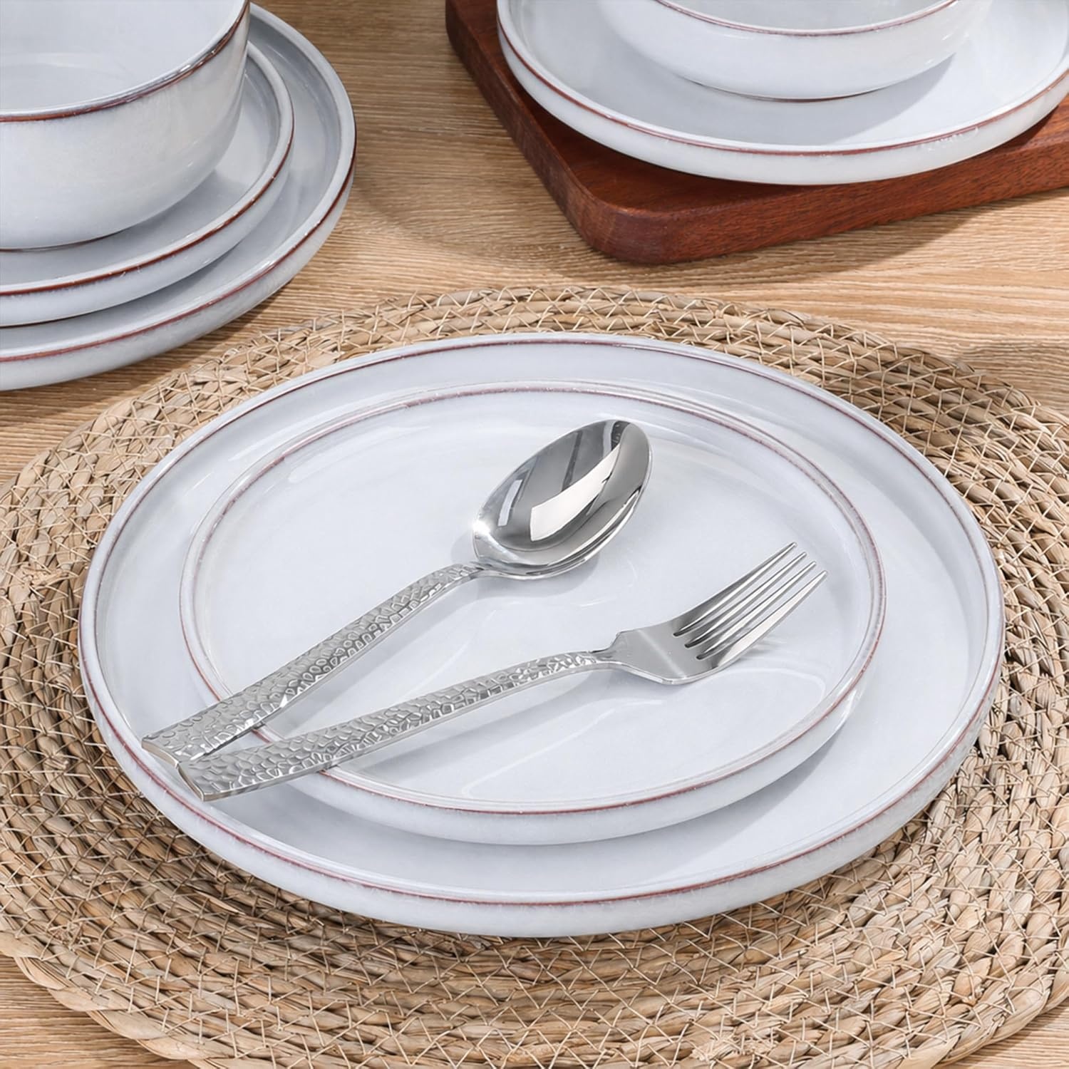 image:imageEfar 6Piece Stoneware Plates and Bowls Sets Dinnerware Sets for 2 Ceramic Dishware Dishes Set with Terracotta Base Chip amp Scratch Resistant Microwave amp Dishwasher Safe Matte BlackGlacier White