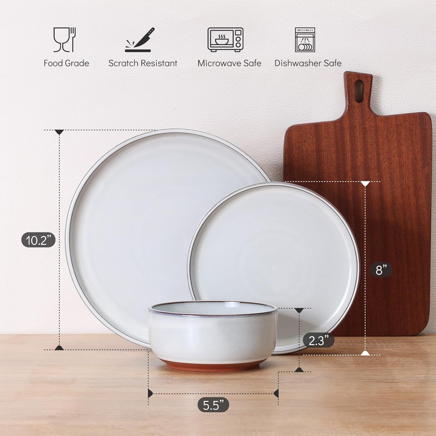 image:imageEfar 6Piece Stoneware Plates and Bowls Sets Dinnerware Sets for 2 Ceramic Dishware Dishes Set with Terracotta Base Chip amp Scratch Resistant Microwave amp Dishwasher Safe Matte BlackGlacier White