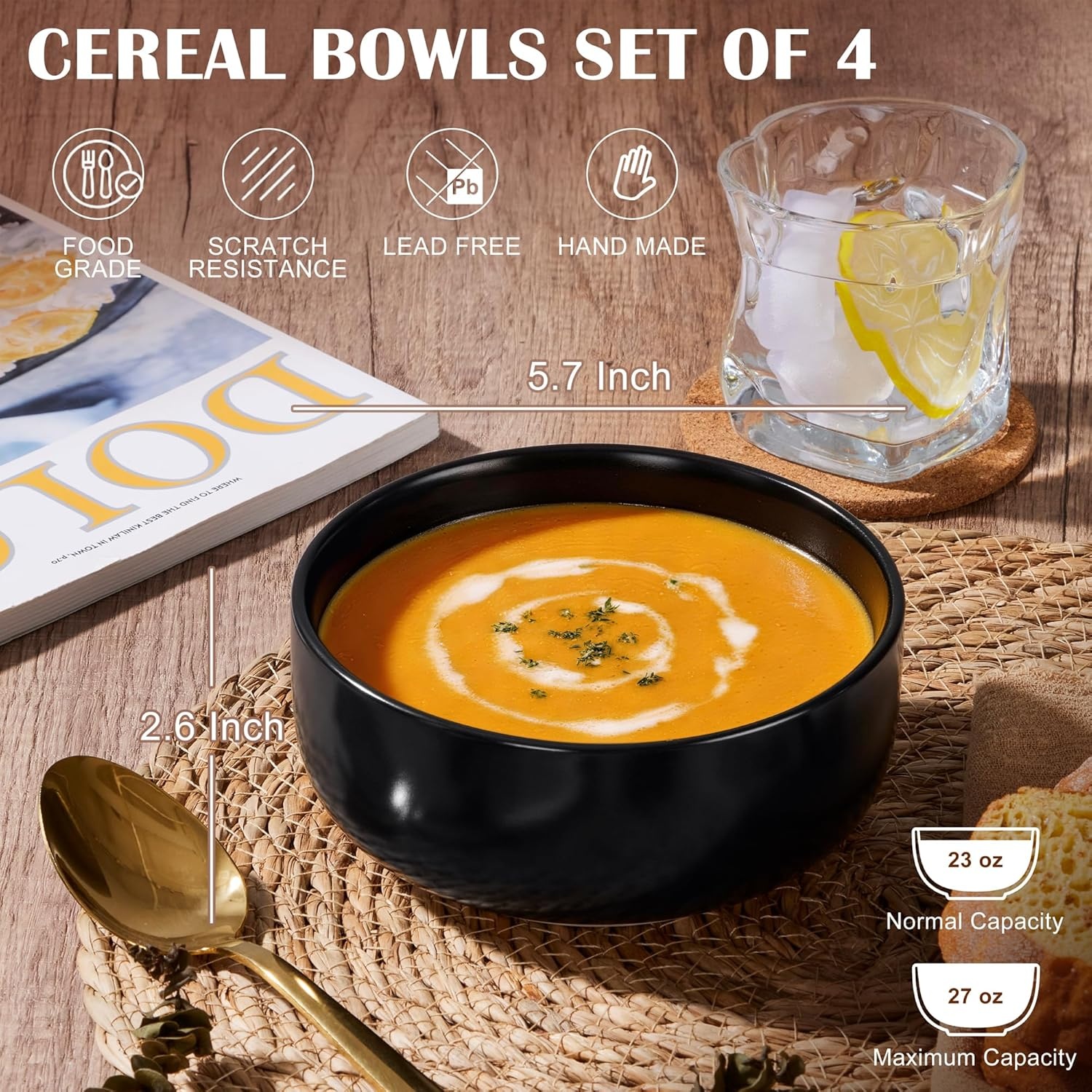 image:imageEfar Cereal Bowls Set of 4 25oz Ceramic Deep Soup Bowls for Kitchen Microwave Safe Bowls for Serving Prep Rice Dessert Snack Salad Dishwasher Safe Speckled GreenMatte Black