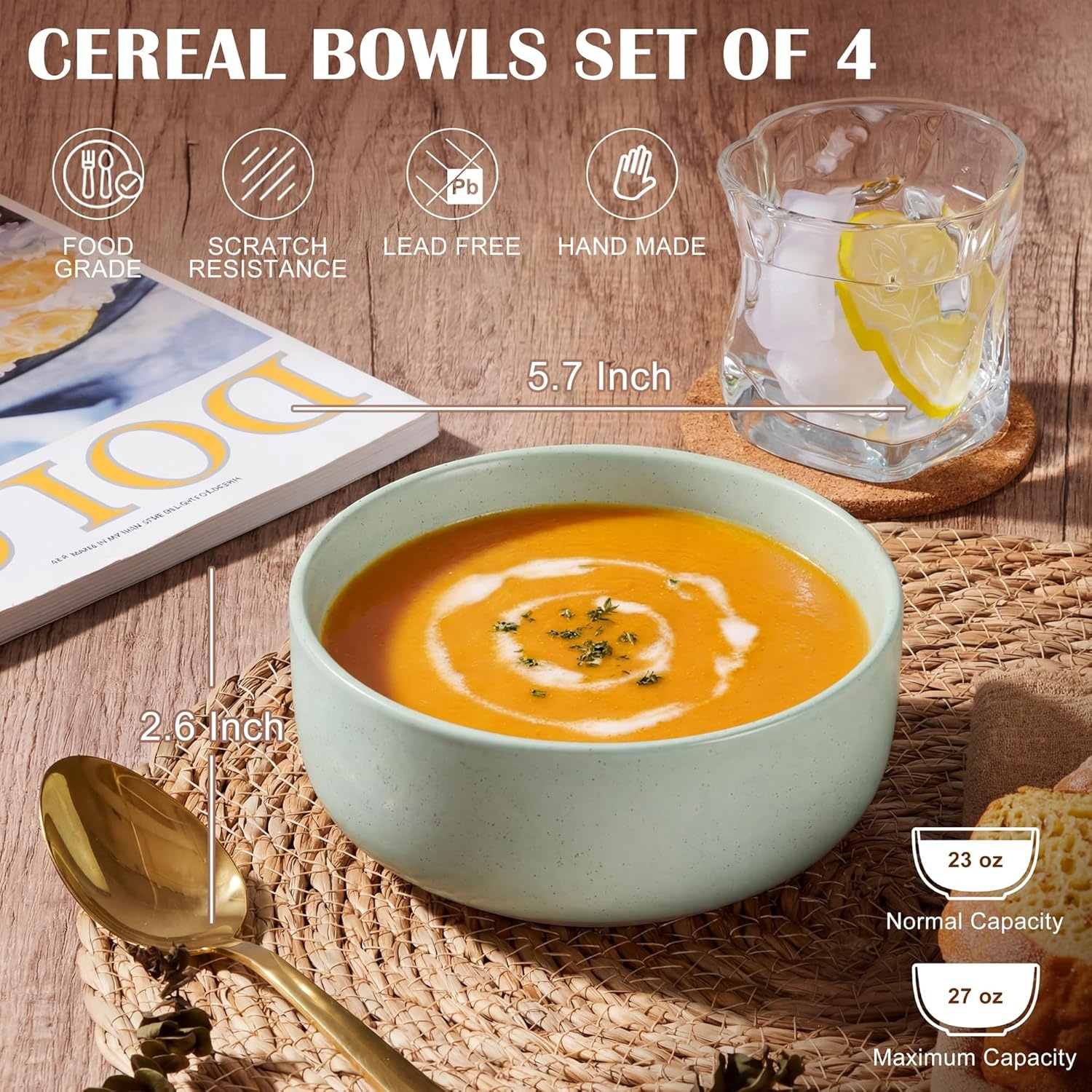 image:imageEfar Cereal Bowls Set of 4 25oz Ceramic Deep Soup Bowls for Kitchen Microwave Safe Bowls for Serving Prep Rice Dessert Snack Salad Dishwasher Safe Speckled GreenMist Green