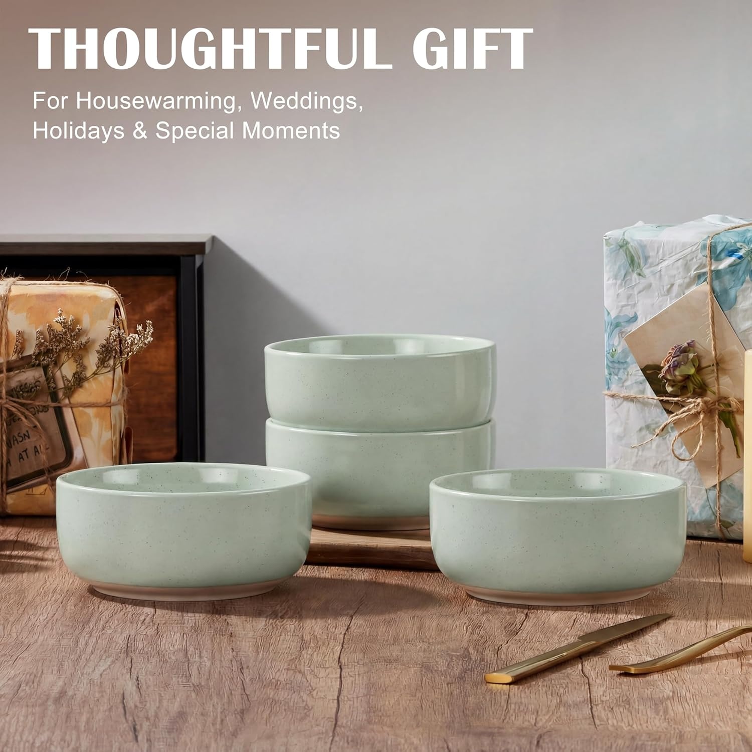 image:imageEfar Cereal Bowls Set of 4 25oz Ceramic Deep Soup Bowls for Kitchen Microwave Safe Bowls for Serving Prep Rice Dessert Snack Salad Dishwasher Safe Speckled GreenMist Green