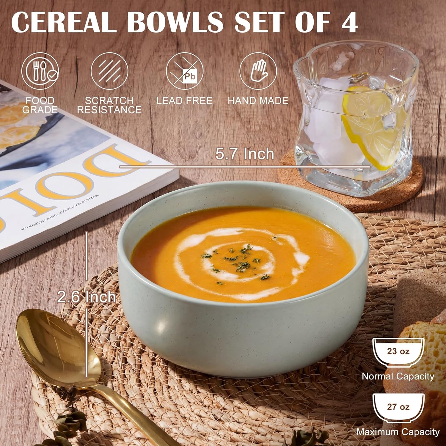 image:imageEfar Cereal Bowls Set of 4 25oz Ceramic Deep Soup Bowls for Kitchen Microwave Safe Bowls for Serving Prep Rice Dessert Snack Salad Dishwasher Safe Speckled GreenHaze Gray