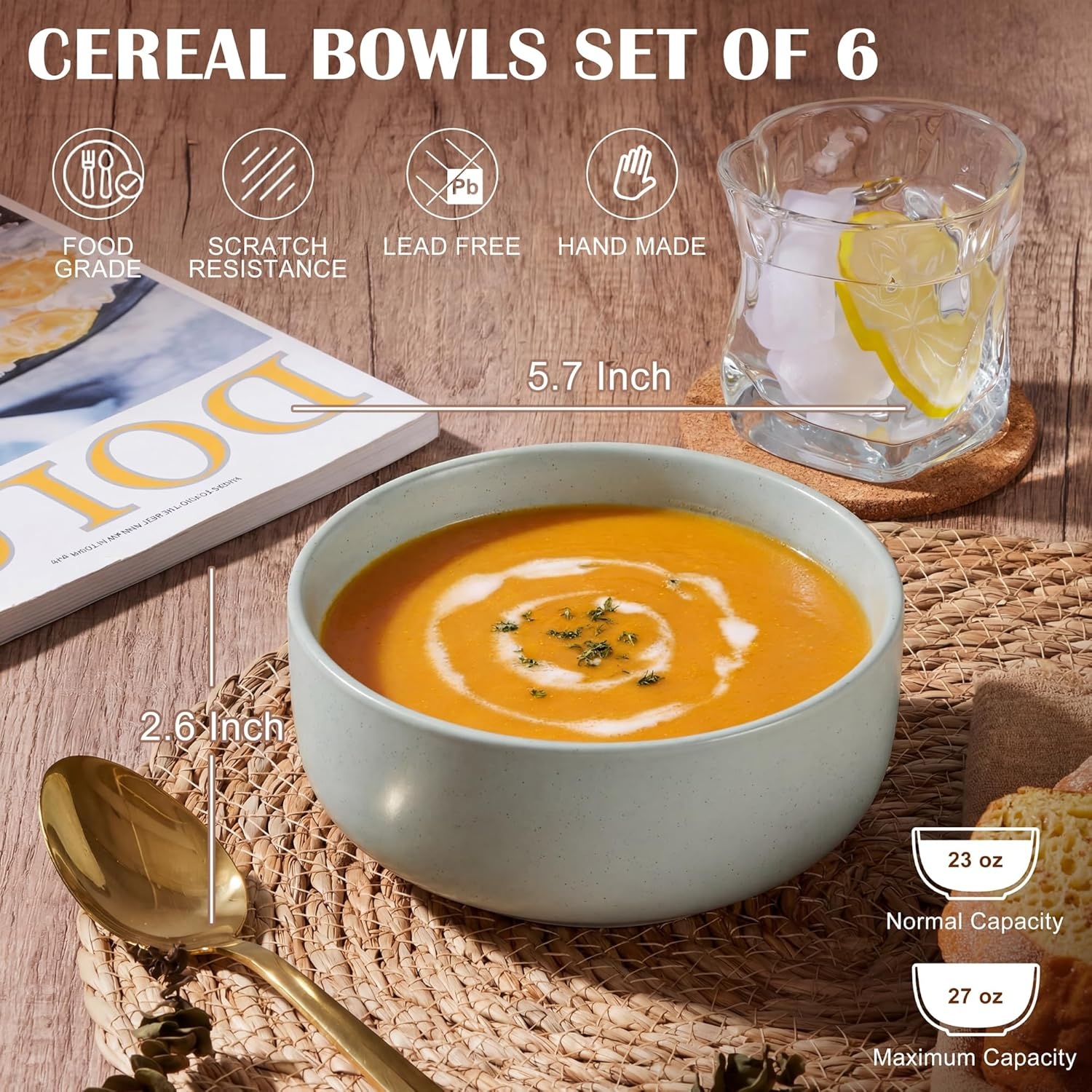 image:imageEfar Cereal Bowls Set of 4 25oz Ceramic Deep Soup Bowls for Kitchen Microwave Safe Bowls for Serving Prep Rice Dessert Snack Salad Dishwasher Safe Speckled GreenHaze Gray