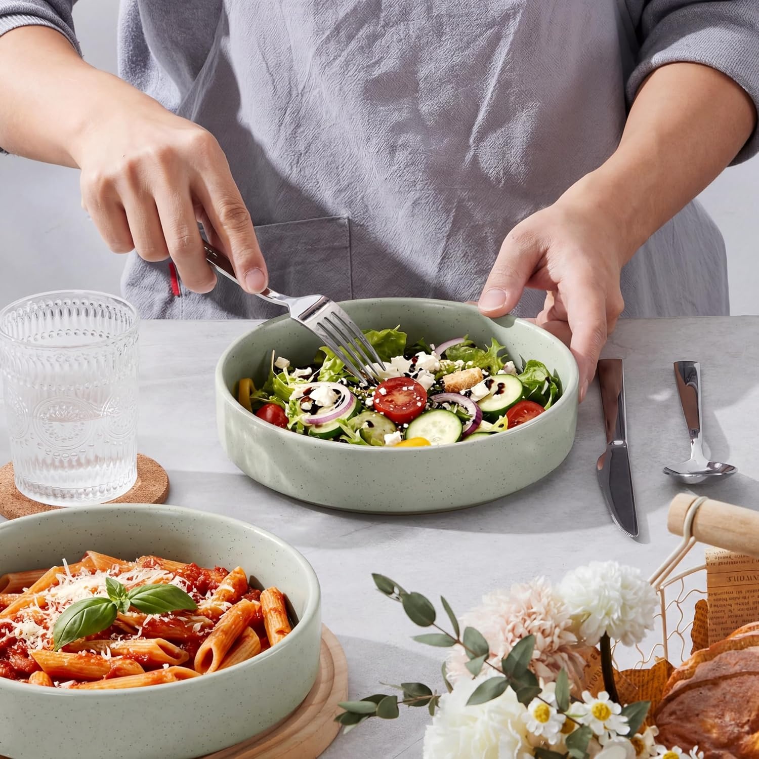 image:imageEfar Pasta Bowls Set of 4 35oz Large Stoneware Bowl Plates Reactive Glaze Shallow amp Wide Ceramic for Soup Salad Dinner Microwave amp Dishwasher Safe Deep GrayMist Green