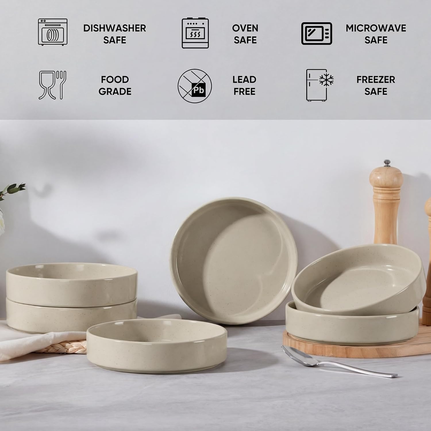 image:imageEfar Pasta Bowls Set of 4 35oz Large Stoneware Bowl Plates Reactive Glaze Shallow amp Wide Ceramic for Soup Salad Dinner Microwave amp Dishwasher Safe Deep GrayDeep Khaki
