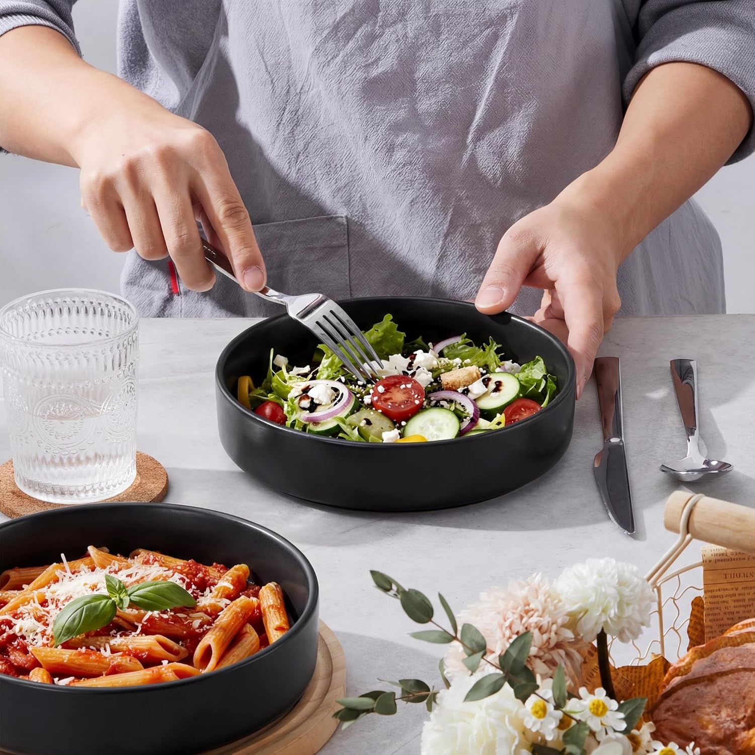 image:imageEfar Pasta Bowls Set of 4 35oz Large Stoneware Bowl Plates Reactive Glaze Shallow amp Wide Ceramic for Soup Salad Dinner Microwave amp Dishwasher Safe Deep GrayMatte Black