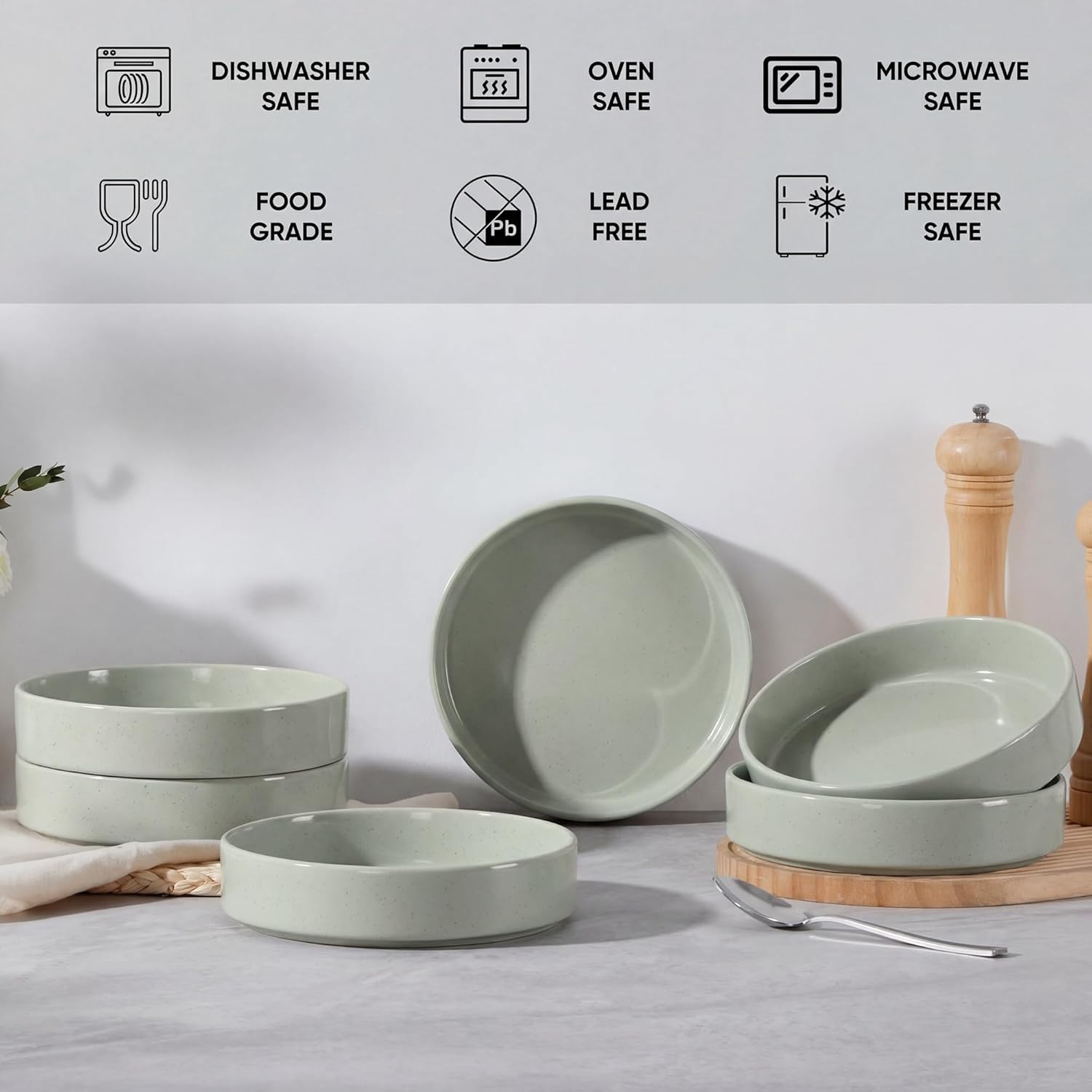 image:imageEfar Pasta Bowls Set of 4 35oz Large Stoneware Bowl Plates Reactive Glaze Shallow amp Wide Ceramic for Soup Salad Dinner Microwave amp Dishwasher Safe Deep GrayMist Green