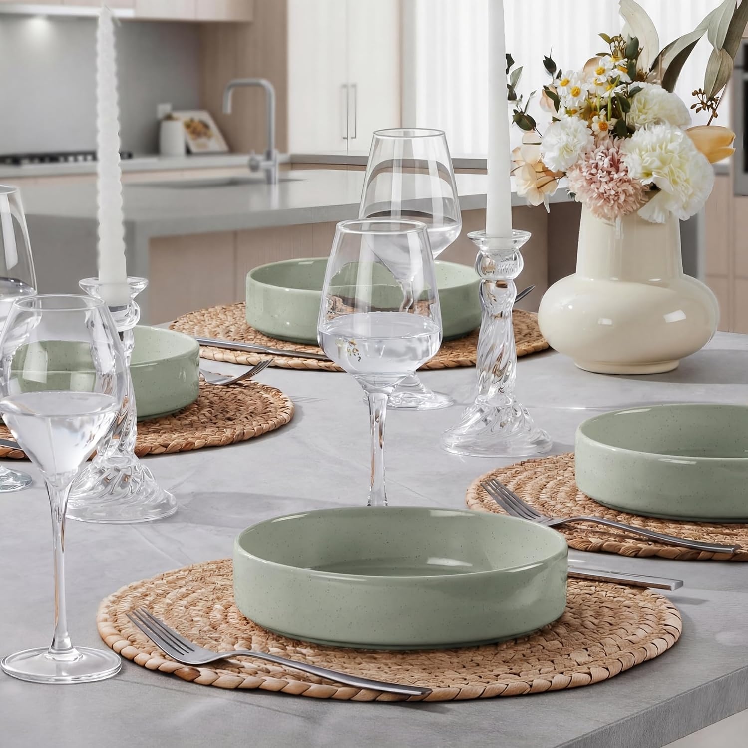 image:imageEfar Pasta Bowls Set of 4 35oz Large Stoneware Bowl Plates Reactive Glaze Shallow amp Wide Ceramic for Soup Salad Dinner Microwave amp Dishwasher Safe Deep GrayMist Green