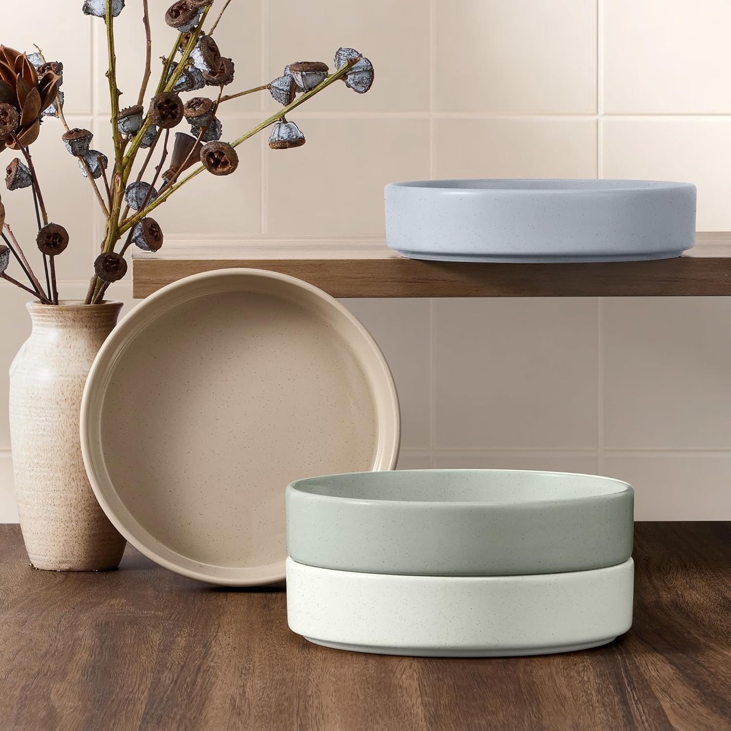 image:imageEfar Pasta Bowls Set of 4 35oz Large Stoneware Bowl Plates Reactive Glaze Shallow amp Wide Ceramic for Soup Salad Dinner Microwave amp Dishwasher Safe Deep GrayMulticolor