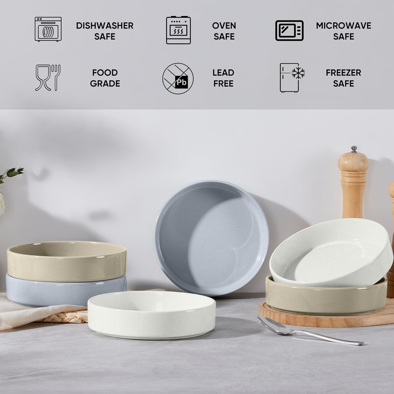 image:imageEfar Pasta Bowls Set of 4 35oz Large Stoneware Bowl Plates Reactive Glaze Shallow amp Wide Ceramic for Soup Salad Dinner Microwave amp Dishwasher Safe Deep GrayMulticolor