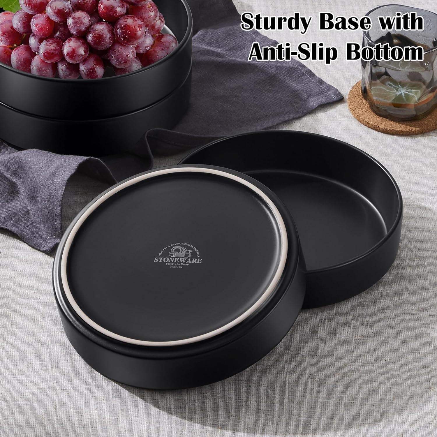image:imageEfar Pasta Bowls Set of 4 35oz Large Stoneware Bowl Plates Reactive Glaze Shallow amp Wide Ceramic for Soup Salad Dinner Microwave amp Dishwasher Safe Deep GrayMatte Black