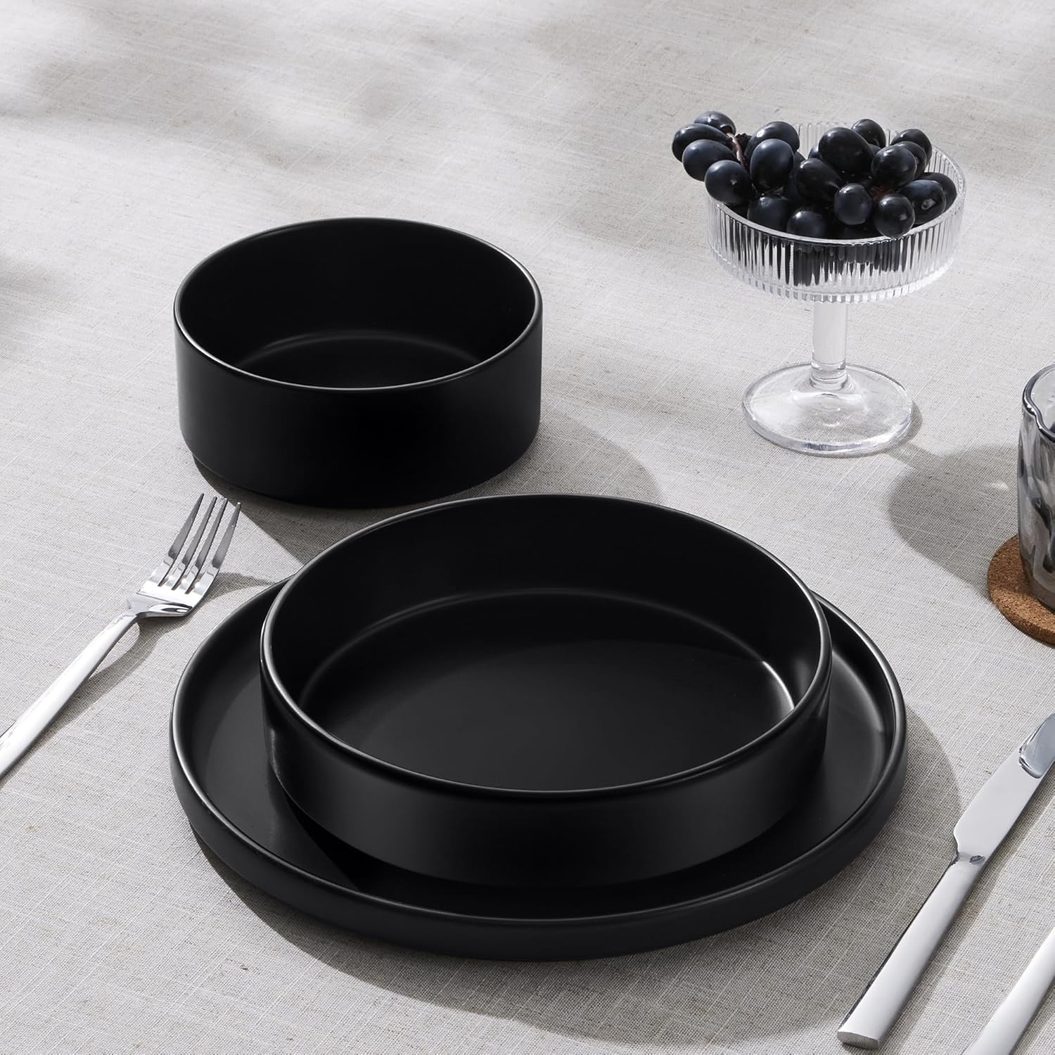 image:imageEfar Pasta Bowls Set of 4 35oz Large Stoneware Bowl Plates Reactive Glaze Shallow amp Wide Ceramic for Soup Salad Dinner Microwave amp Dishwasher Safe Deep GrayMatte Black