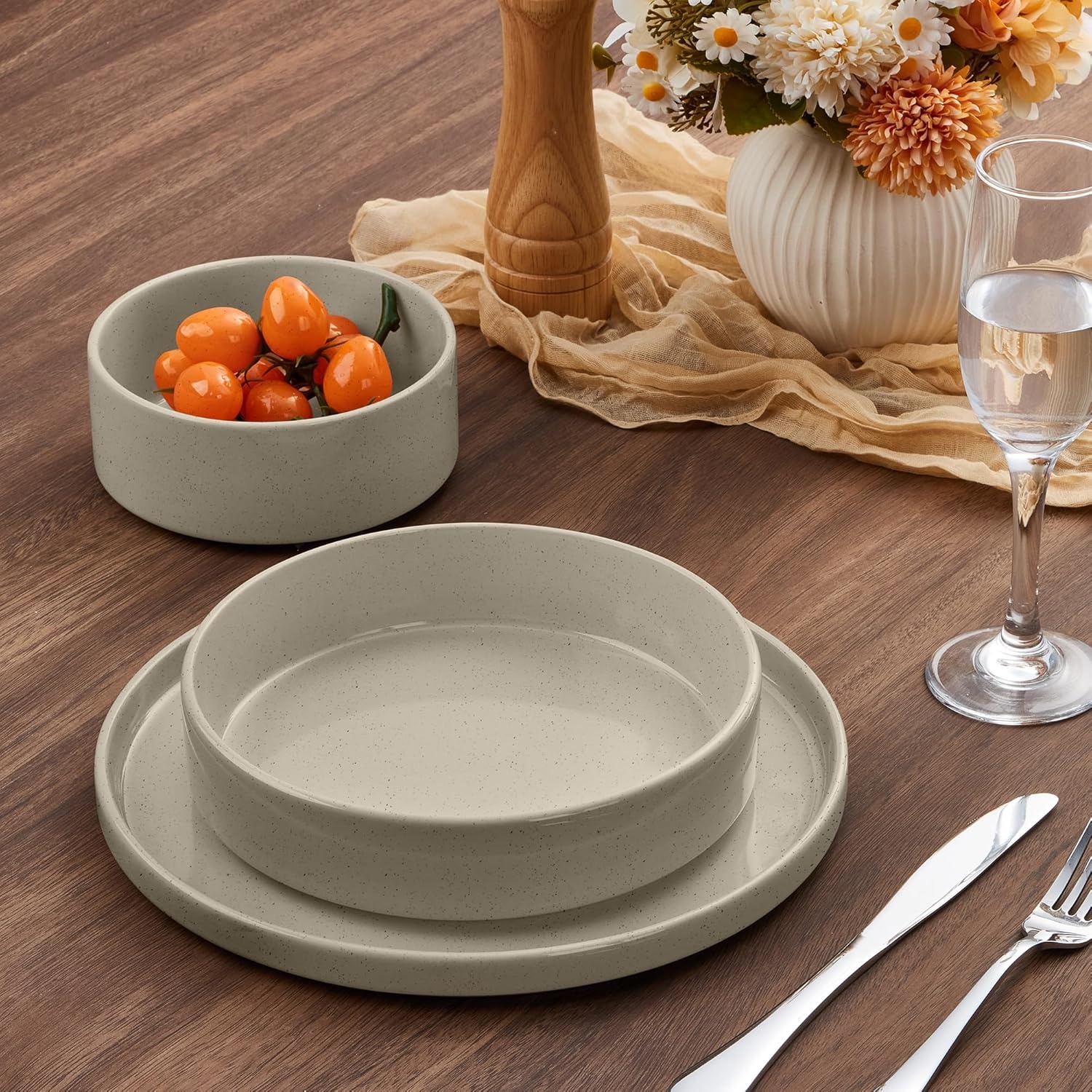 image:imageEfar Pasta Bowls Set of 4 35oz Large Stoneware Bowl Plates Reactive Glaze Shallow amp Wide Ceramic for Soup Salad Dinner Microwave amp Dishwasher Safe Deep GrayDeep Khaki