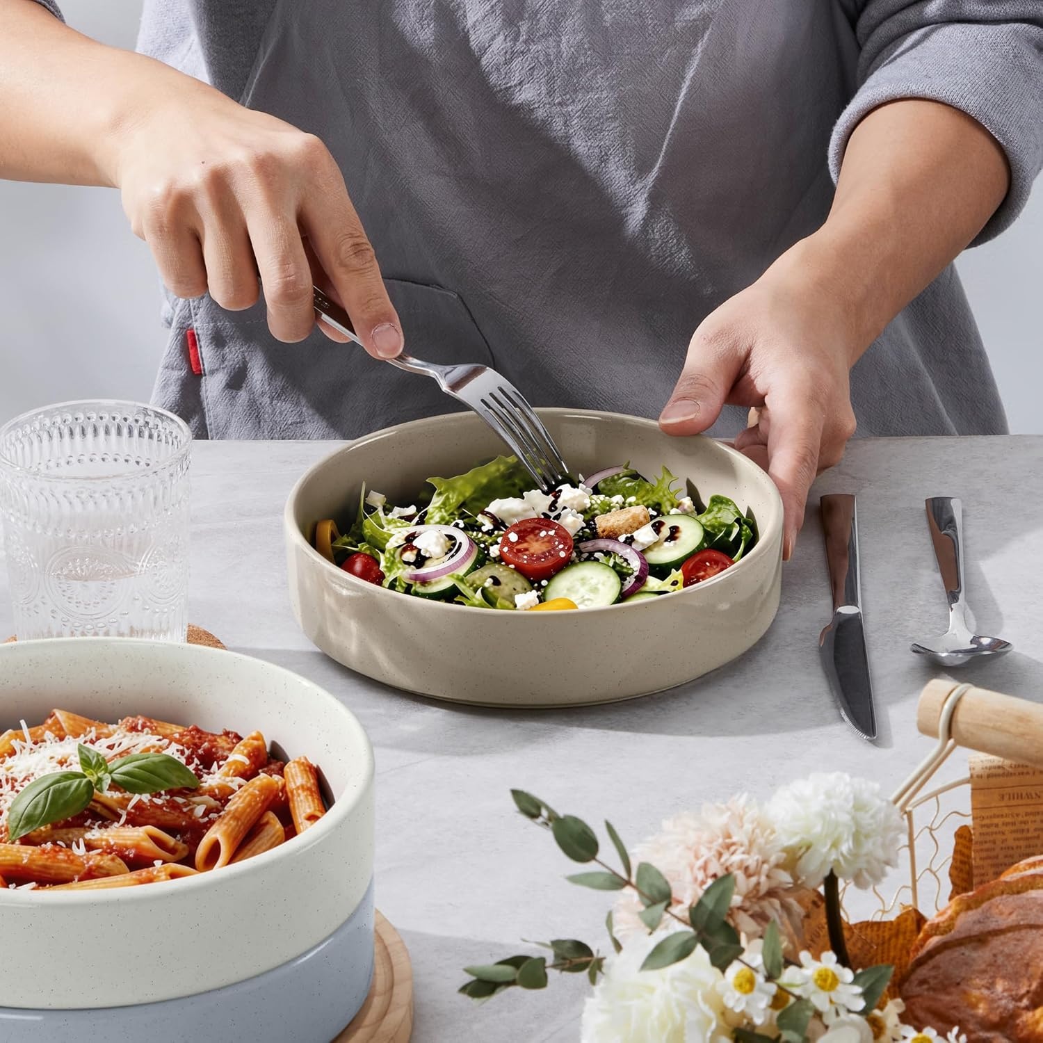 image:imageEfar Pasta Bowls Set of 4 35oz Large Stoneware Bowl Plates Reactive Glaze Shallow amp Wide Ceramic for Soup Salad Dinner Microwave amp Dishwasher Safe Deep GrayMulticolor