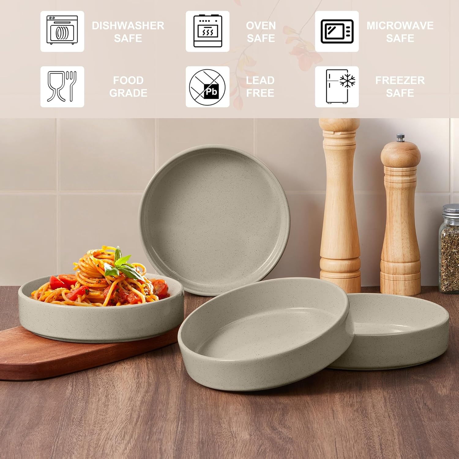 image:imageEfar Pasta Bowls Set of 4 35oz Large Stoneware Bowl Plates Reactive Glaze Shallow amp Wide Ceramic for Soup Salad Dinner Microwave amp Dishwasher Safe Deep GrayDeep Khaki