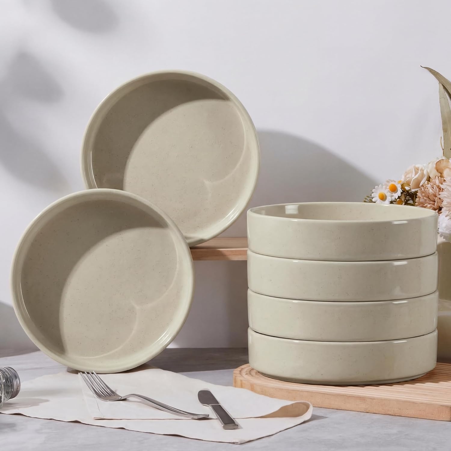 image:imageEfar Pasta Bowls Set of 4 35oz Large Stoneware Bowl Plates Reactive Glaze Shallow amp Wide Ceramic for Soup Salad Dinner Microwave amp Dishwasher Safe Deep GrayDeep Khaki