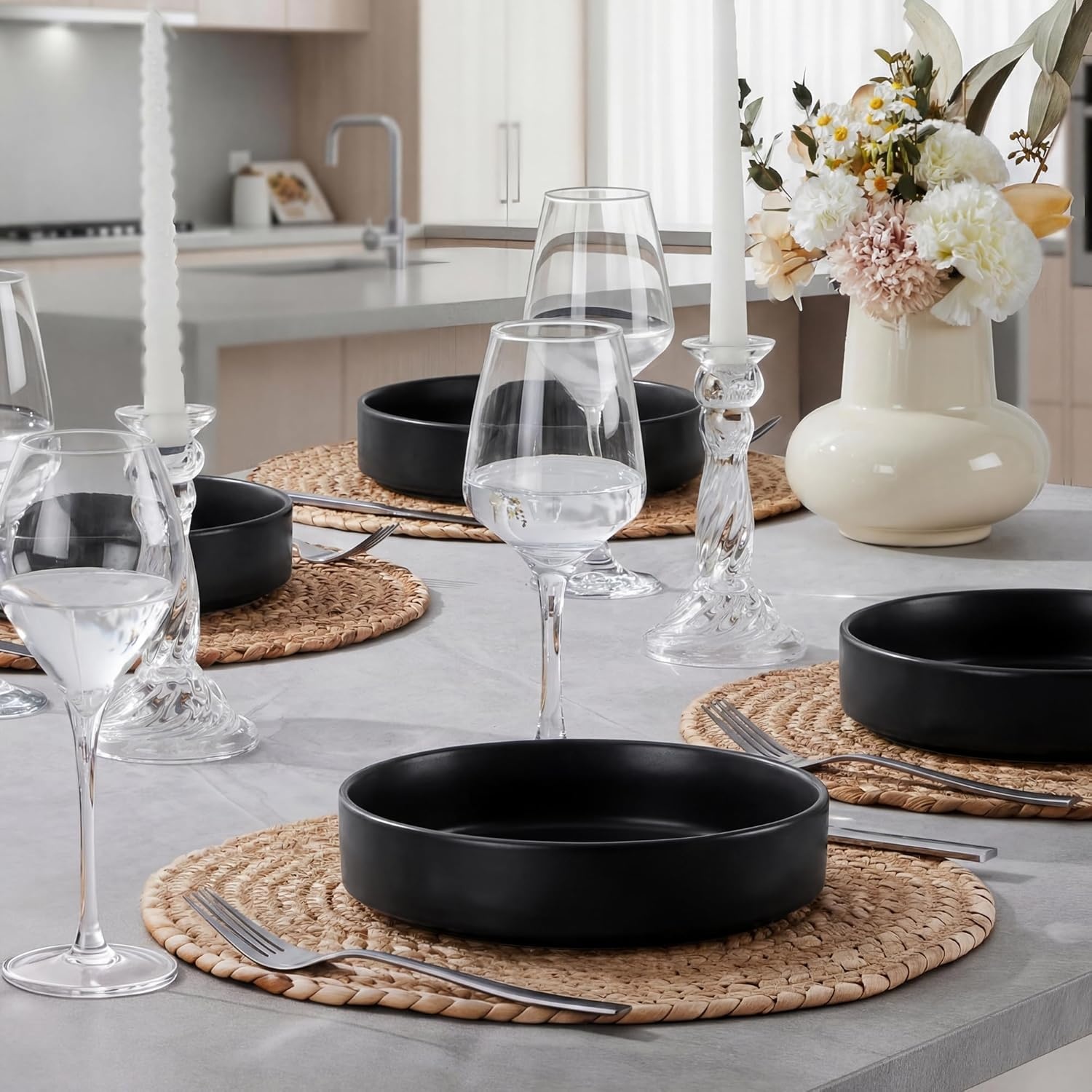 image:imageEfar Pasta Bowls Set of 4 35oz Large Stoneware Bowl Plates Reactive Glaze Shallow amp Wide Ceramic for Soup Salad Dinner Microwave amp Dishwasher Safe Deep GrayMatte Black