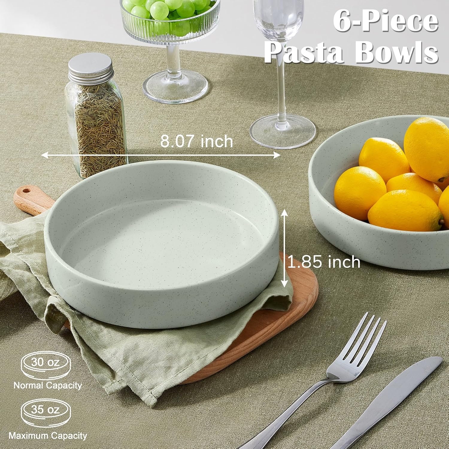 image:imageEfar Pasta Bowls Set of 4 35oz Large Stoneware Bowl Plates Reactive Glaze Shallow amp Wide Ceramic for Soup Salad Dinner Microwave amp Dishwasher Safe Deep GrayMist Green