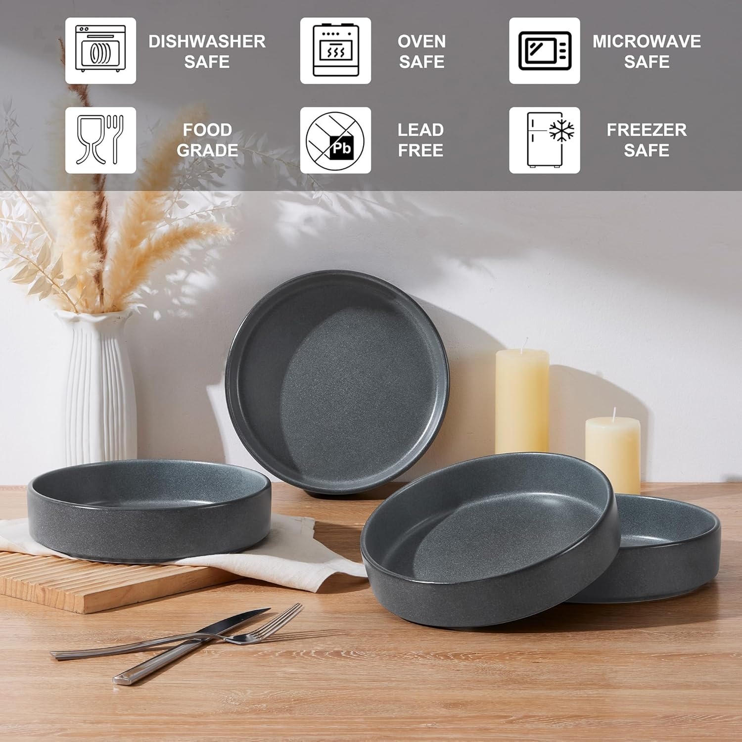 image:imageEfar Pasta Bowls Set of 4 35oz Large Stoneware Bowl Plates Reactive Glaze Shallow amp Wide Ceramic for Soup Salad Dinner Microwave amp Dishwasher Safe Deep GrayDeep Gray