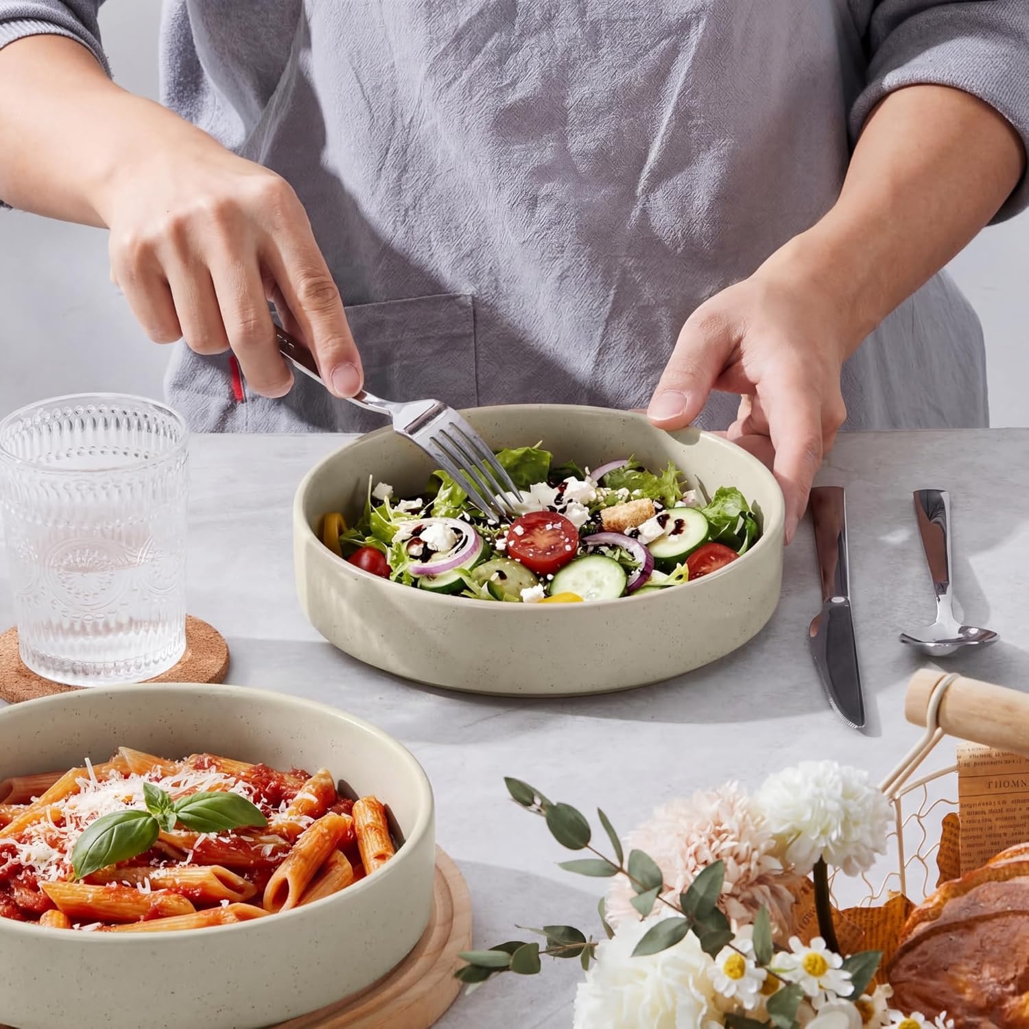 image:imageEfar Pasta Bowls Set of 4 35oz Large Stoneware Bowl Plates Reactive Glaze Shallow amp Wide Ceramic for Soup Salad Dinner Microwave amp Dishwasher Safe Deep GrayDeep Khaki