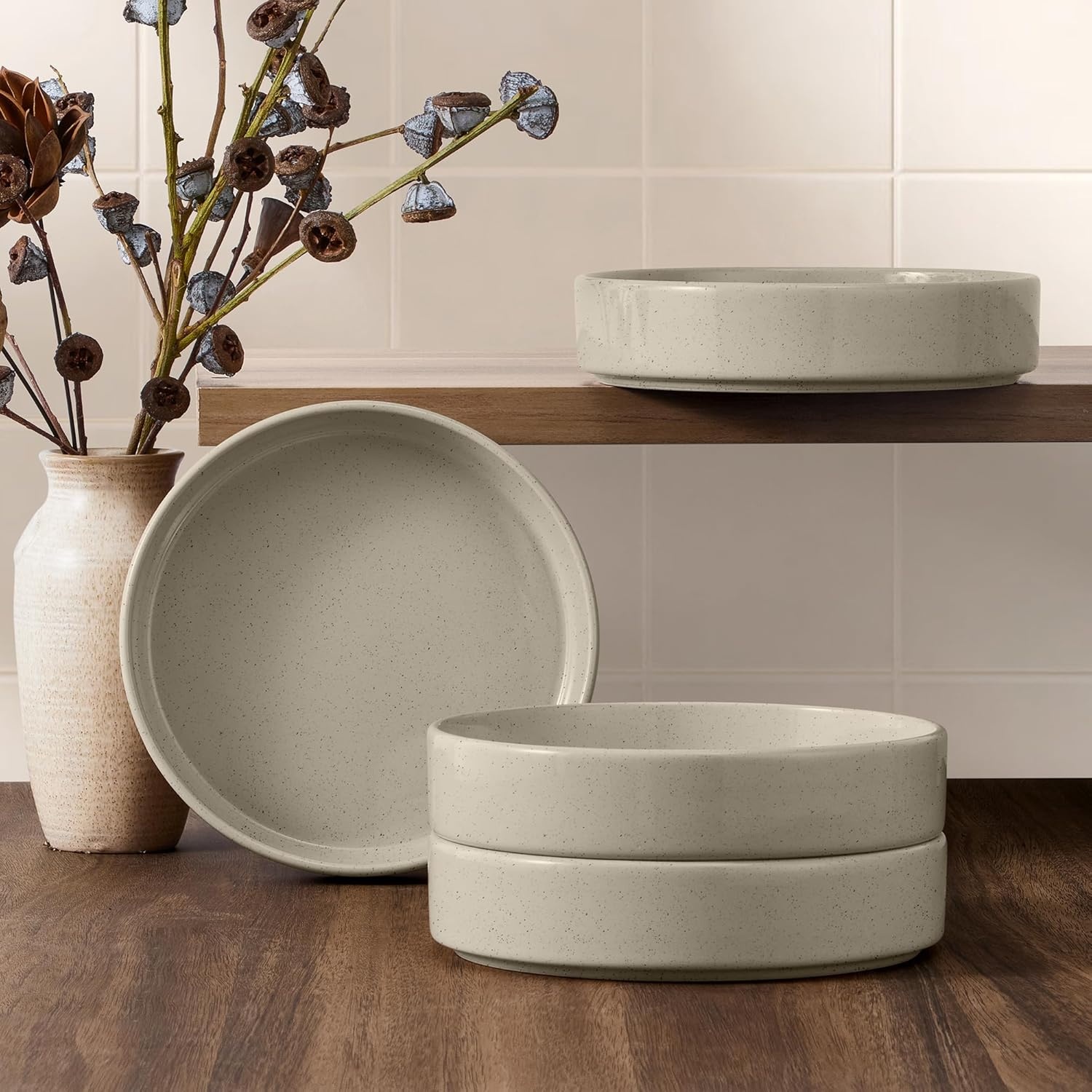 image:imageEfar Pasta Bowls Set of 4 35oz Large Stoneware Bowl Plates Reactive Glaze Shallow amp Wide Ceramic for Soup Salad Dinner Microwave amp Dishwasher Safe Deep GrayDeep Khaki