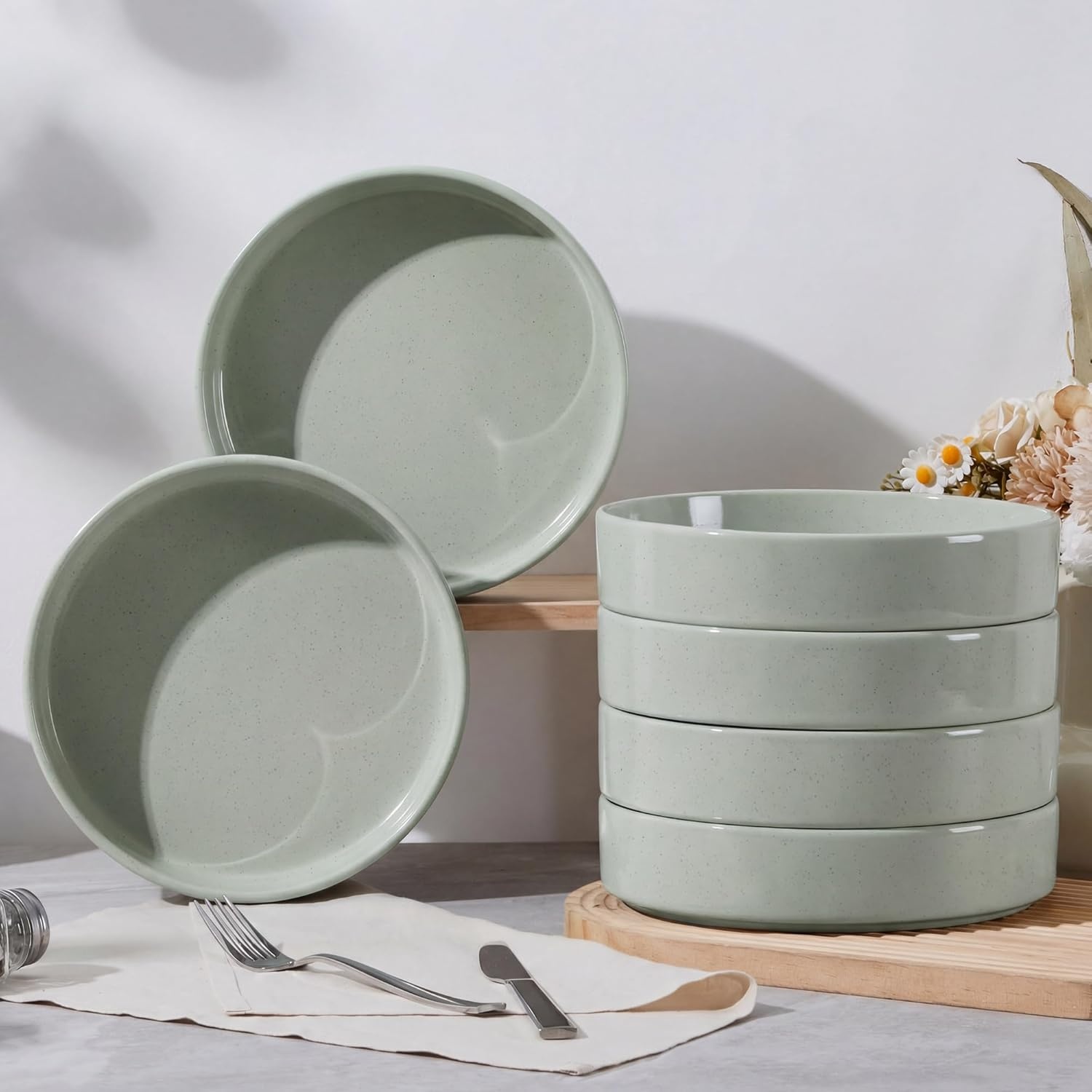 image:imageEfar Pasta Bowls Set of 4 35oz Large Stoneware Bowl Plates Reactive Glaze Shallow amp Wide Ceramic for Soup Salad Dinner Microwave amp Dishwasher Safe Deep GrayMist Green