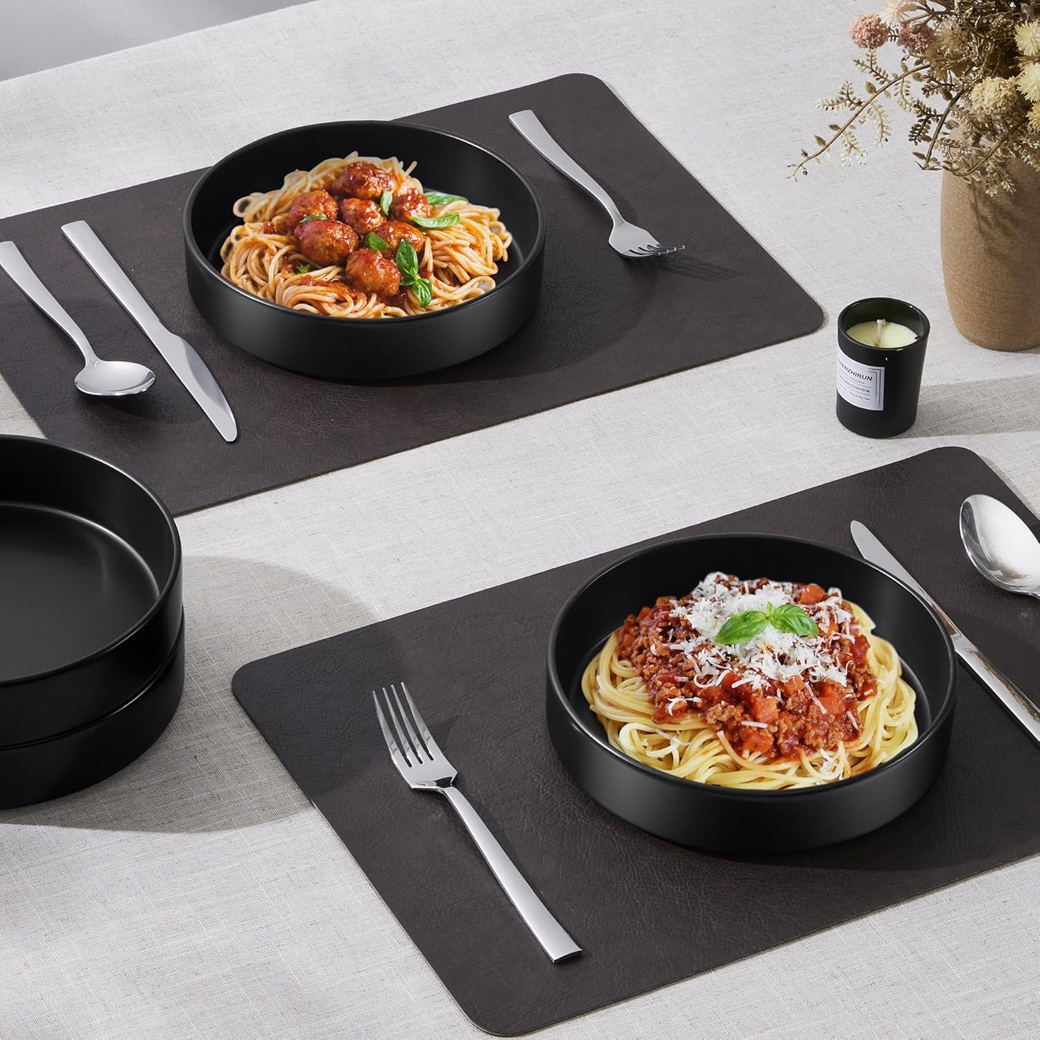 image:imageEfar Pasta Bowls Set of 4 35oz Large Stoneware Bowl Plates Reactive Glaze Shallow amp Wide Ceramic for Soup Salad Dinner Microwave amp Dishwasher Safe Deep GrayMatte Black