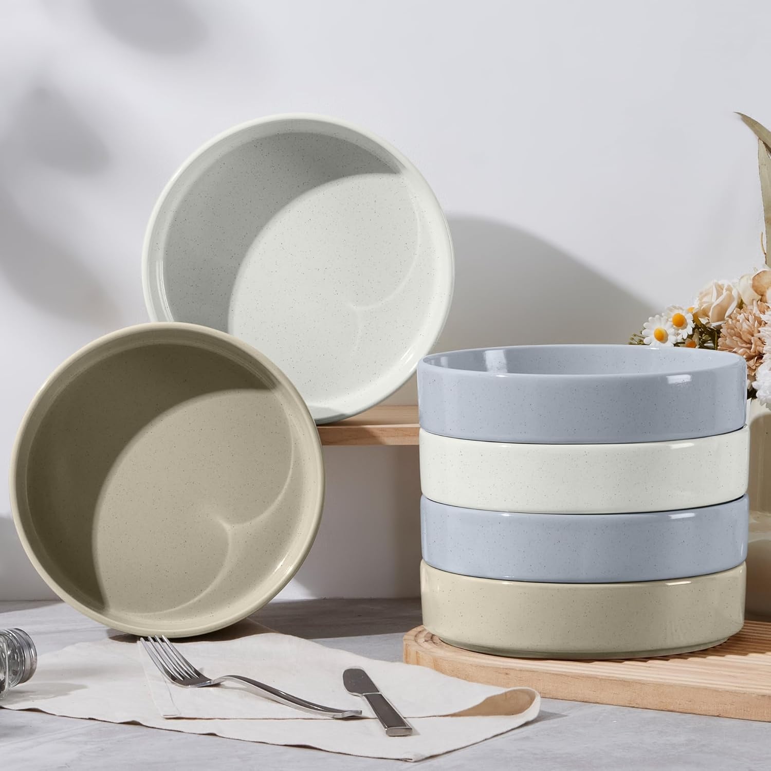 image:imageEfar Pasta Bowls Set of 4 35oz Large Stoneware Bowl Plates Reactive Glaze Shallow amp Wide Ceramic for Soup Salad Dinner Microwave amp Dishwasher Safe Deep GrayMulticolor