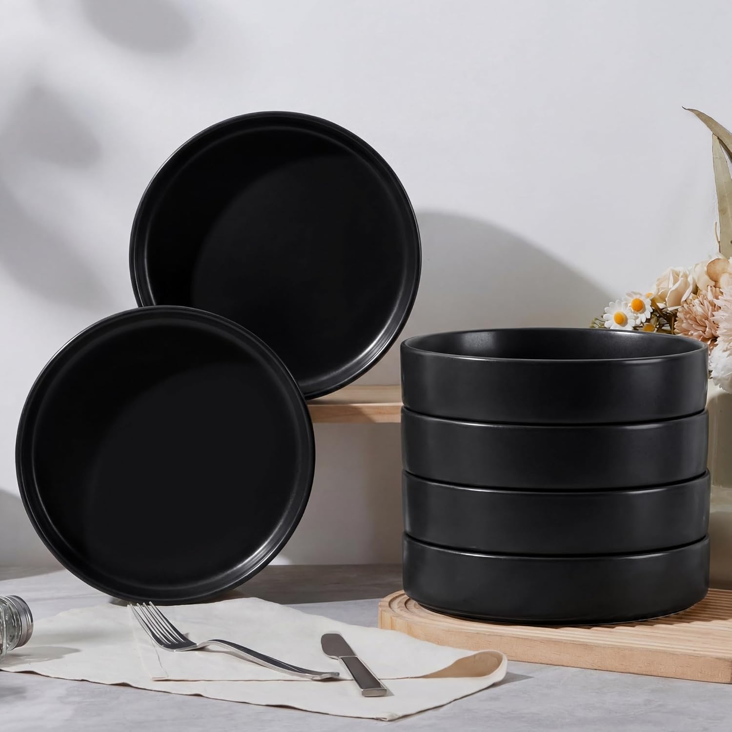 image:imageEfar Pasta Bowls Set of 4 35oz Large Stoneware Bowl Plates Reactive Glaze Shallow amp Wide Ceramic for Soup Salad Dinner Microwave amp Dishwasher Safe Deep GrayMatte Black