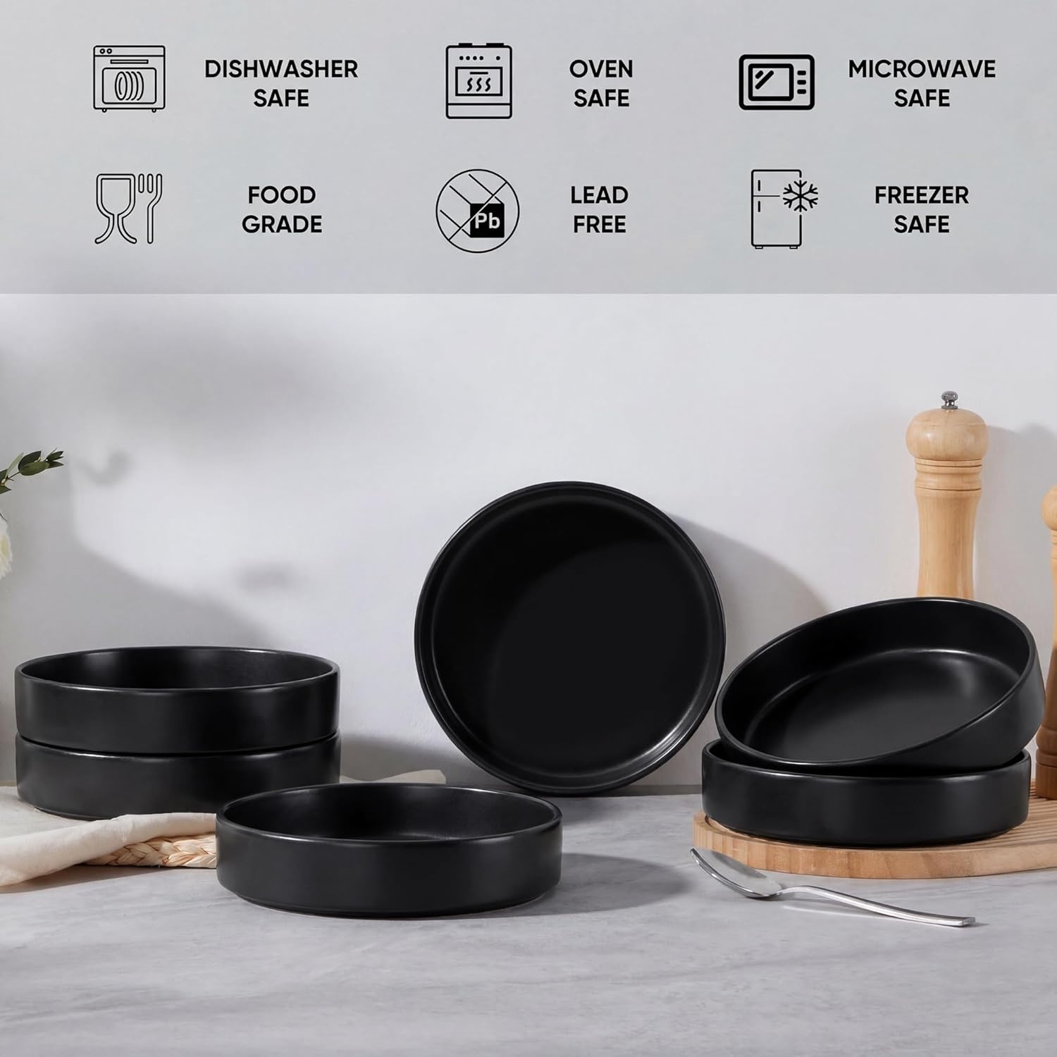 image:imageEfar Pasta Bowls Set of 4 35oz Large Stoneware Bowl Plates Reactive Glaze Shallow amp Wide Ceramic for Soup Salad Dinner Microwave amp Dishwasher Safe Deep GrayMatte Black