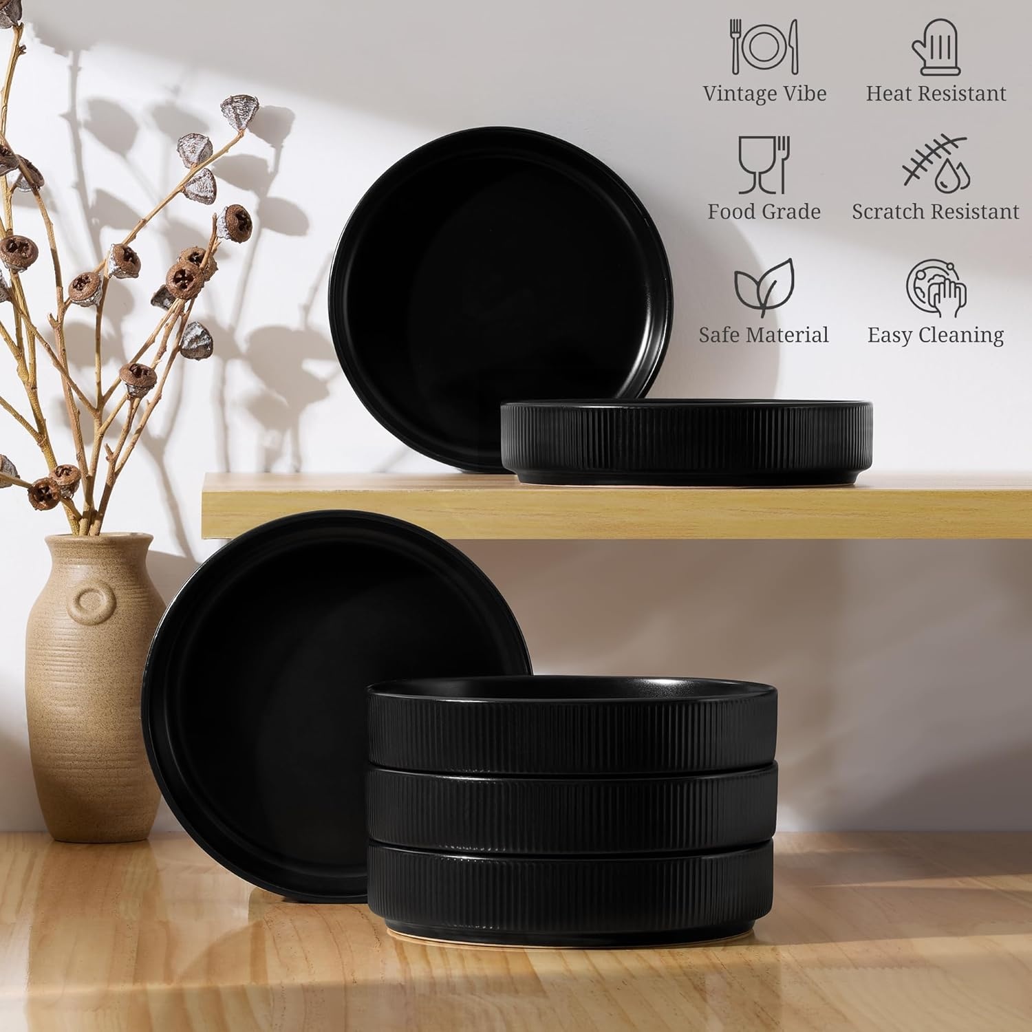 image:imageEfar Pasta Bowls Set of 6 35oz Large Salad Bowl Plate for Dinner Serving Soup Wide amp Shallow Ceramic Stoneware Pasta Plates Microwave amp Dishwasher Safe Reactive Glaze TextureStripe Matte BlackMatte Black