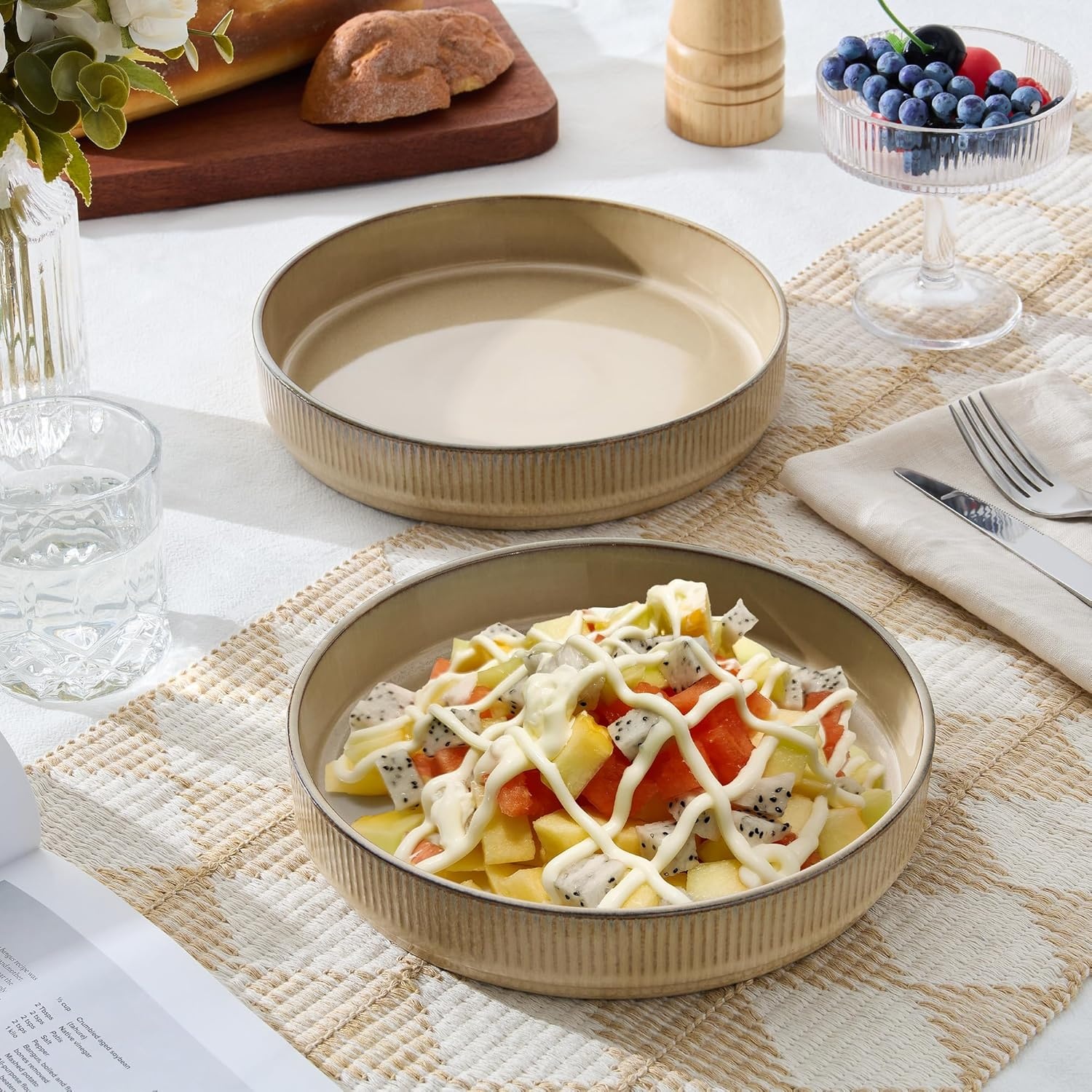 image:imageEfar Pasta Bowls Set of 6 35oz Large Salad Bowl Plate for Dinner Serving Soup Wide amp Shallow Ceramic Stoneware Pasta Plates Microwave amp Dishwasher Safe Reactive Glaze TextureStripe Matte BlackCaramel Khaki