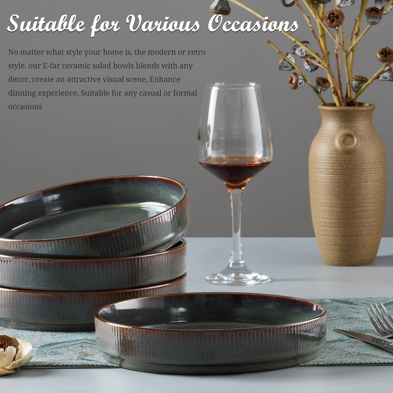 image:imageEfar Pasta Bowls Set of 6 35oz Large Salad Bowl Plate for Dinner Serving Soup Wide amp Shallow Ceramic Stoneware Pasta Plates Microwave amp Dishwasher Safe Reactive Glaze TextureStripe Matte BlackBlackish Green