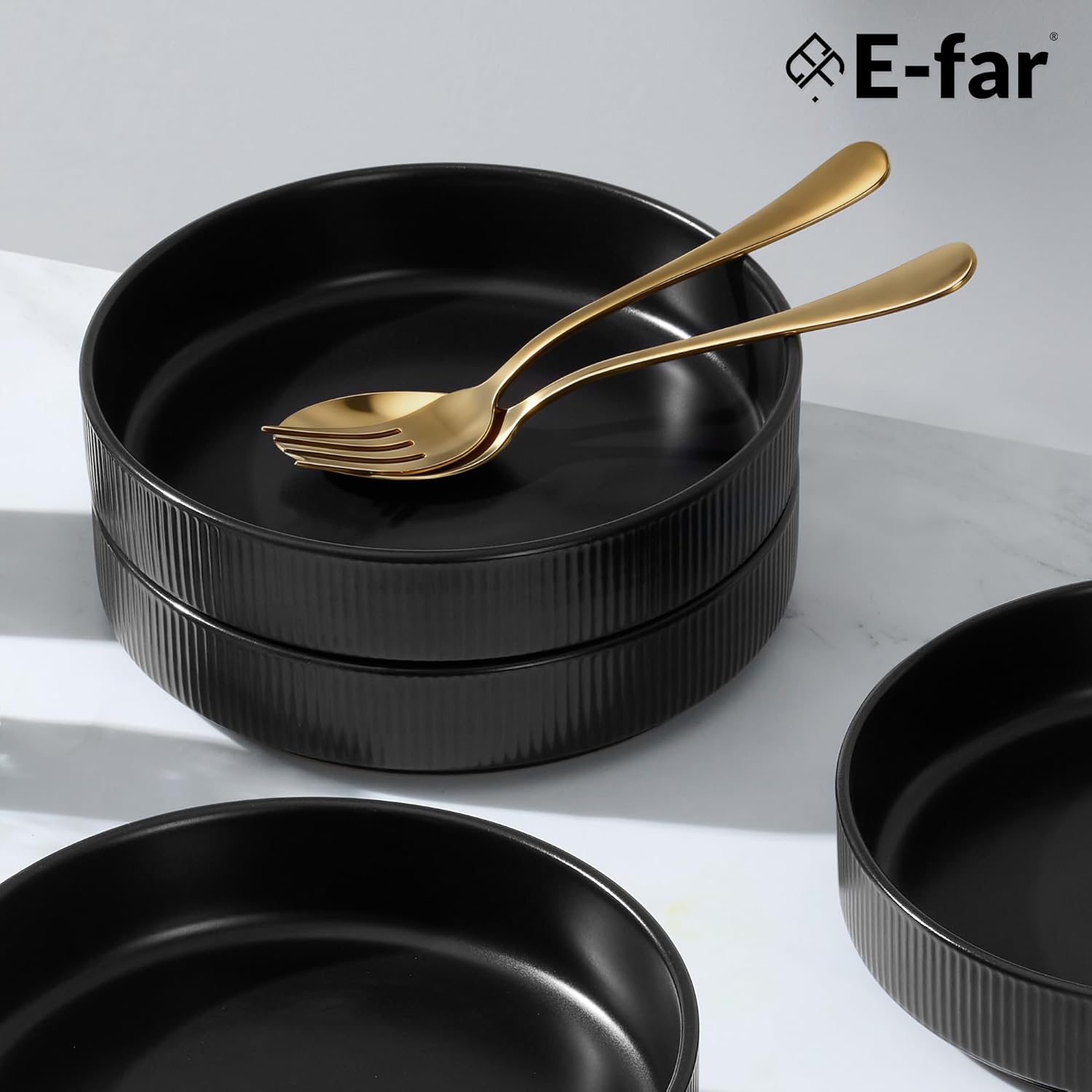 image:imageEfar Pasta Bowls Set of 6 35oz Large Salad Bowl Plate for Dinner Serving Soup Wide amp Shallow Ceramic Stoneware Pasta Plates Microwave amp Dishwasher Safe Reactive Glaze TextureStripe Matte BlackMatte Black