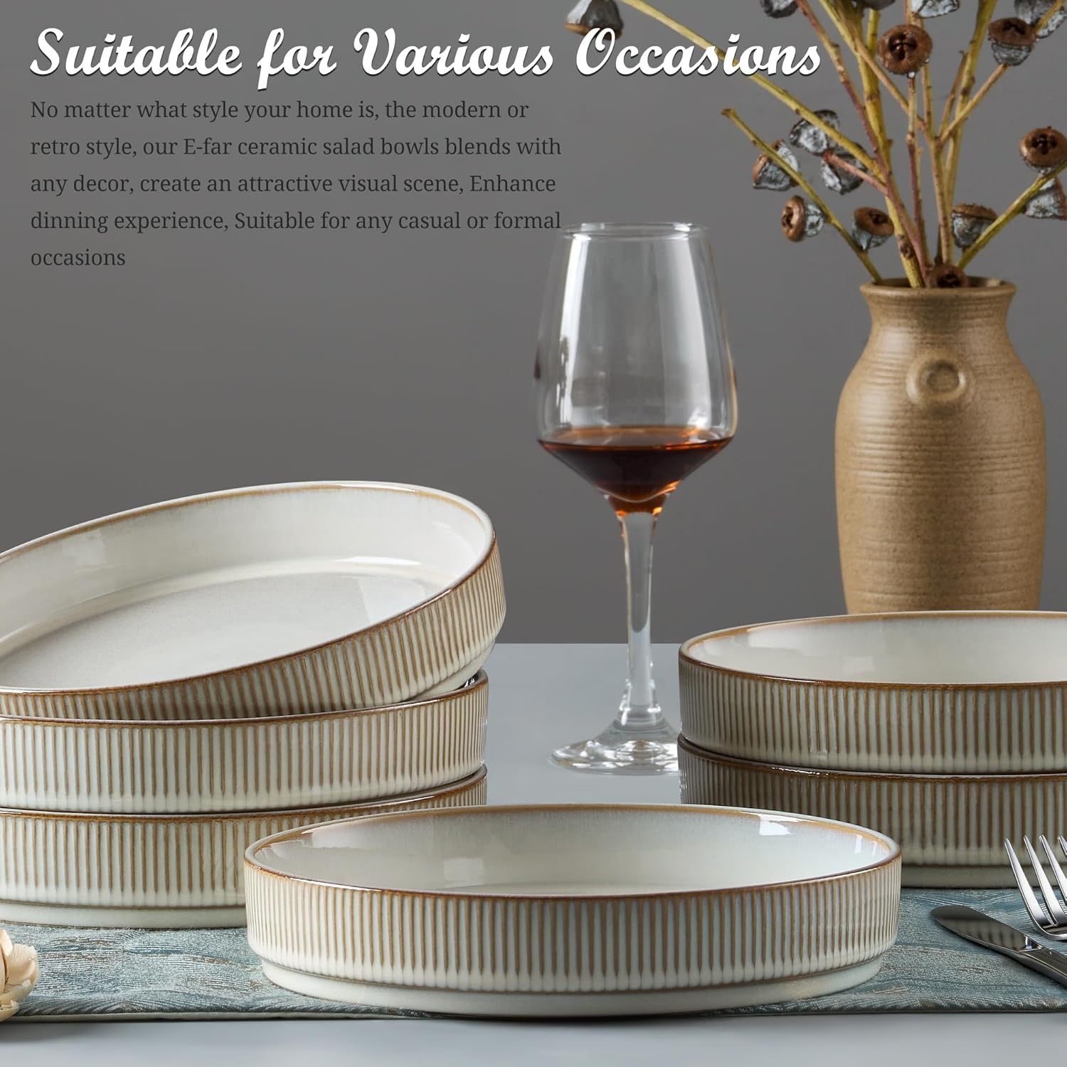 image:imageEfar Pasta Bowls Set of 6 35oz Large Salad Bowl Plate for Dinner Serving Soup Wide amp Shallow Ceramic Stoneware Pasta Plates Microwave amp Dishwasher Safe Reactive Glaze TextureStripe Matte BlackCreamy Beige