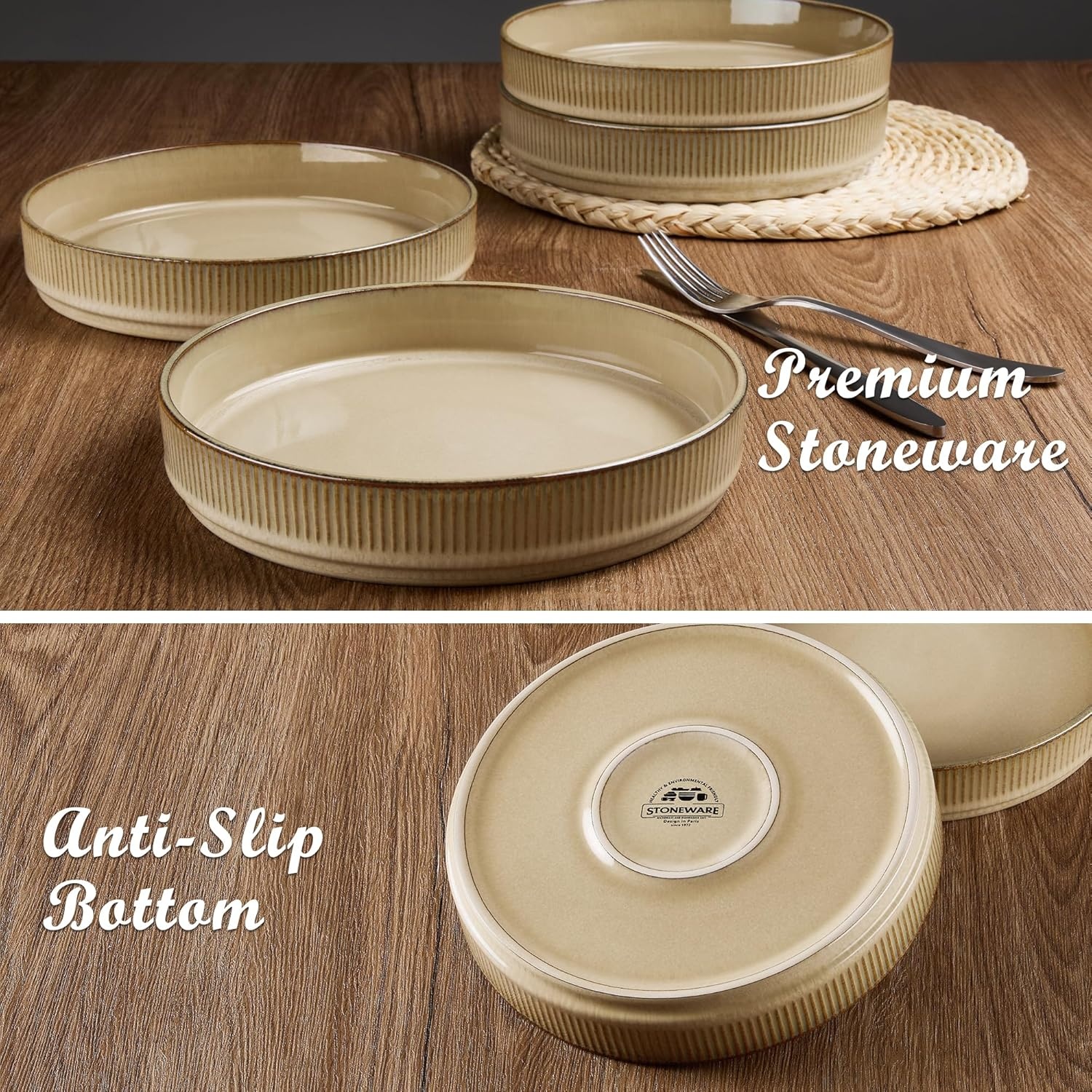 image:imageEfar Pasta Bowls Set of 6 35oz Large Salad Bowl Plate for Dinner Serving Soup Wide amp Shallow Ceramic Stoneware Pasta Plates Microwave amp Dishwasher Safe Reactive Glaze TextureStripe Matte BlackCaramel Khaki