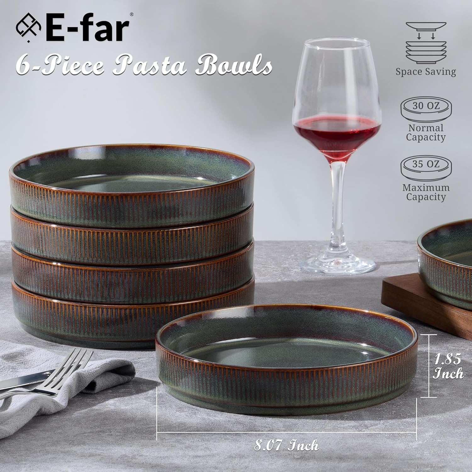 image:imageEfar Pasta Bowls Set of 6 35oz Large Salad Bowl Plate for Dinner Serving Soup Wide amp Shallow Ceramic Stoneware Pasta Plates Microwave amp Dishwasher Safe Reactive Glaze TextureStripe Matte BlackBlackish Green