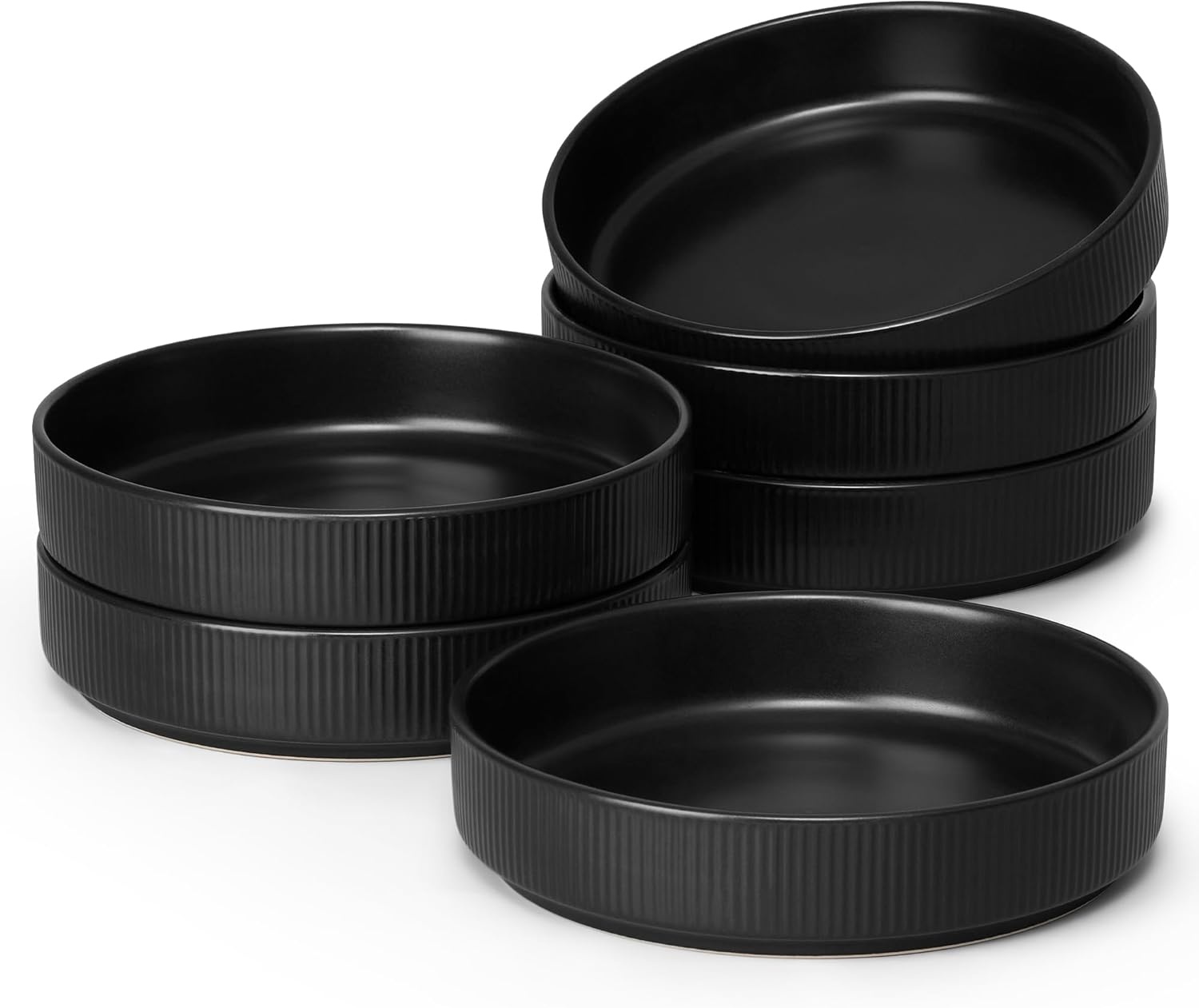 image:imageEfar Pasta Bowls Set of 6 35oz Large Salad Bowl Plate for Dinner Serving Soup Wide amp Shallow Ceramic Stoneware Pasta Plates Microwave amp Dishwasher Safe Reactive Glaze TextureStripe Matte BlackMatte Black