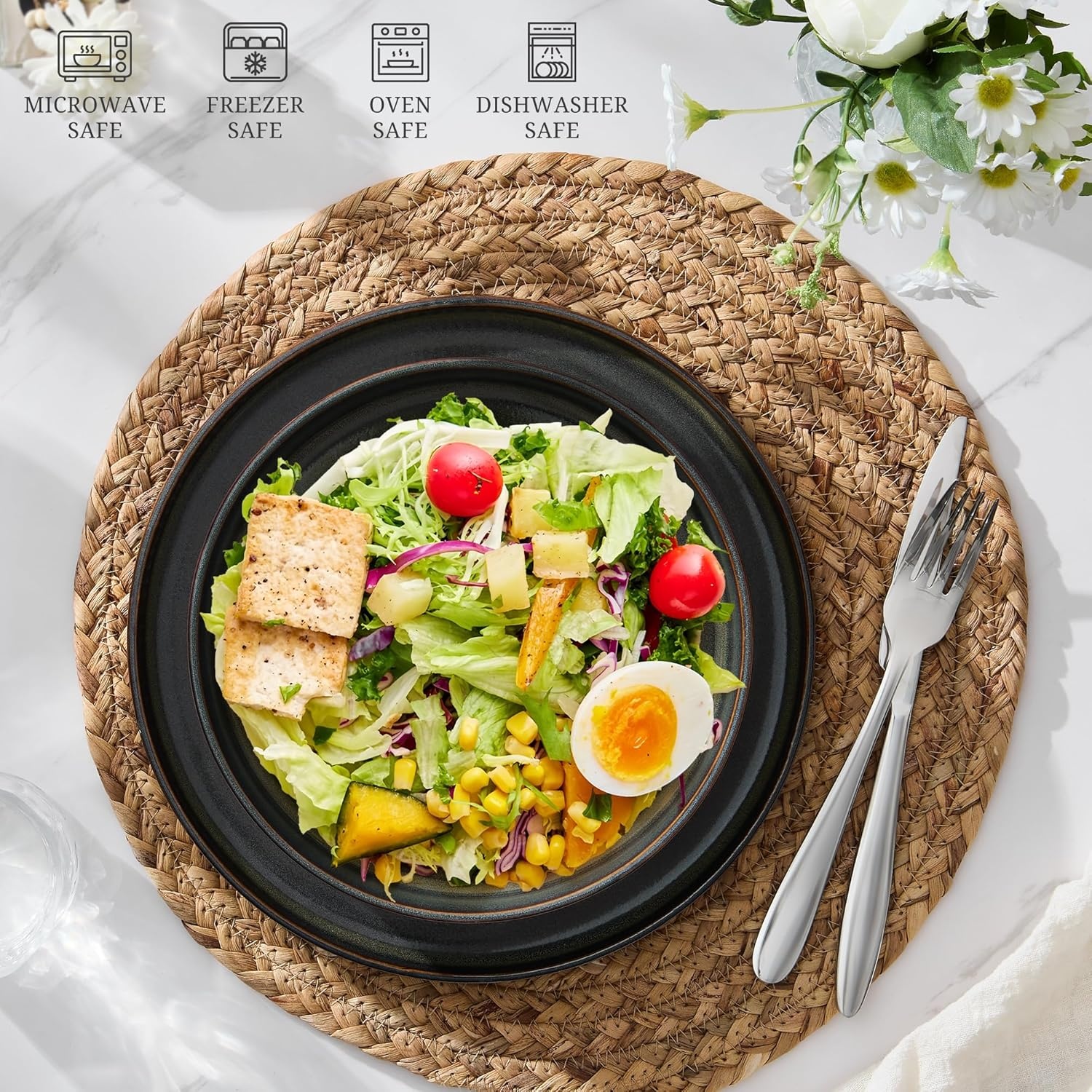 image:imageEfar Pasta Bowls Set of 6 35oz Large Salad Bowl Plate for Dinner Serving Soup Wide amp Shallow Ceramic Stoneware Pasta Plates Microwave amp Dishwasher Safe Reactive Glaze TextureStripe Matte BlackBlackish Green