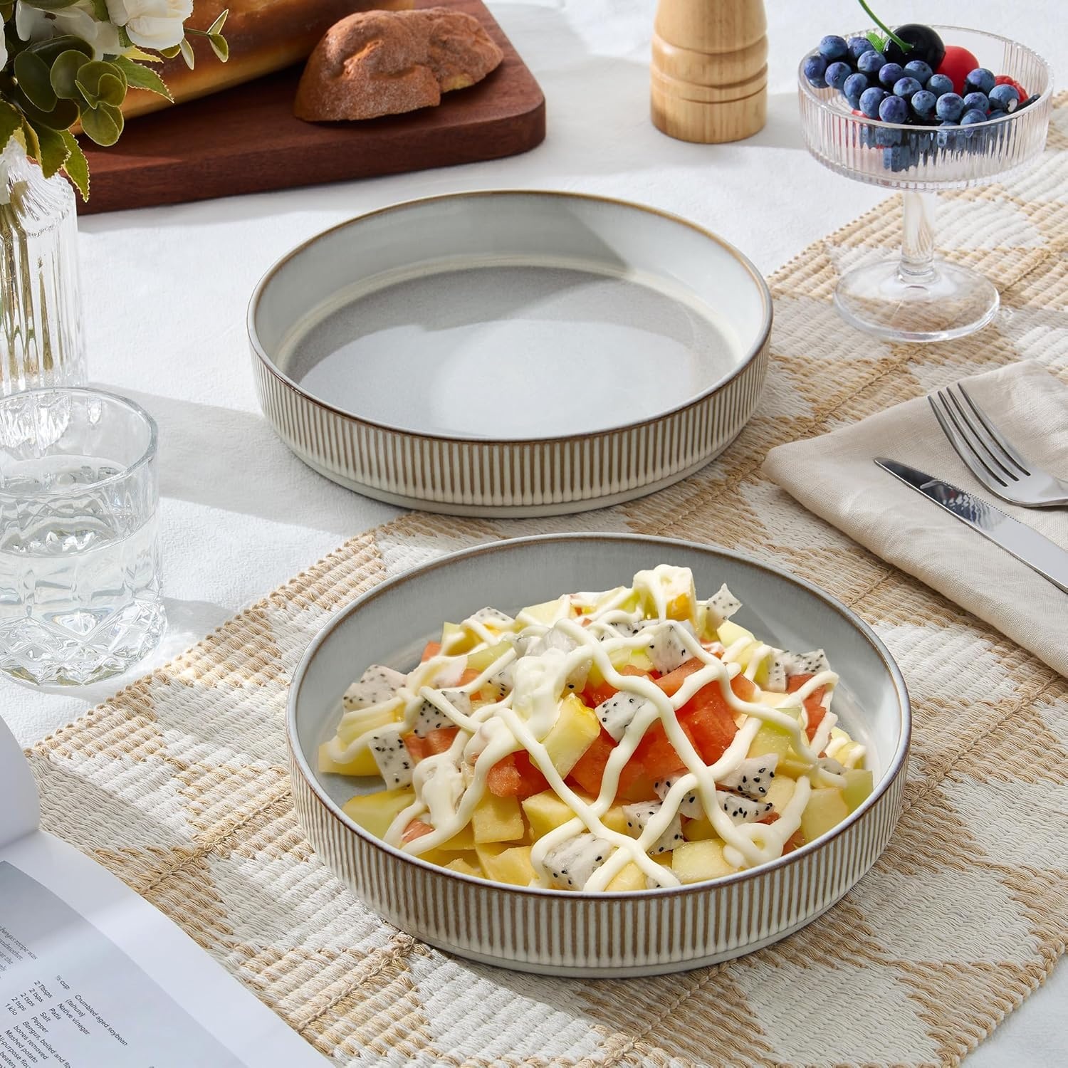 image:imageEfar Pasta Bowls Set of 6 35oz Large Salad Bowl Plate for Dinner Serving Soup Wide amp Shallow Ceramic Stoneware Pasta Plates Microwave amp Dishwasher Safe Reactive Glaze TextureStripe Matte BlackCreamy Beige