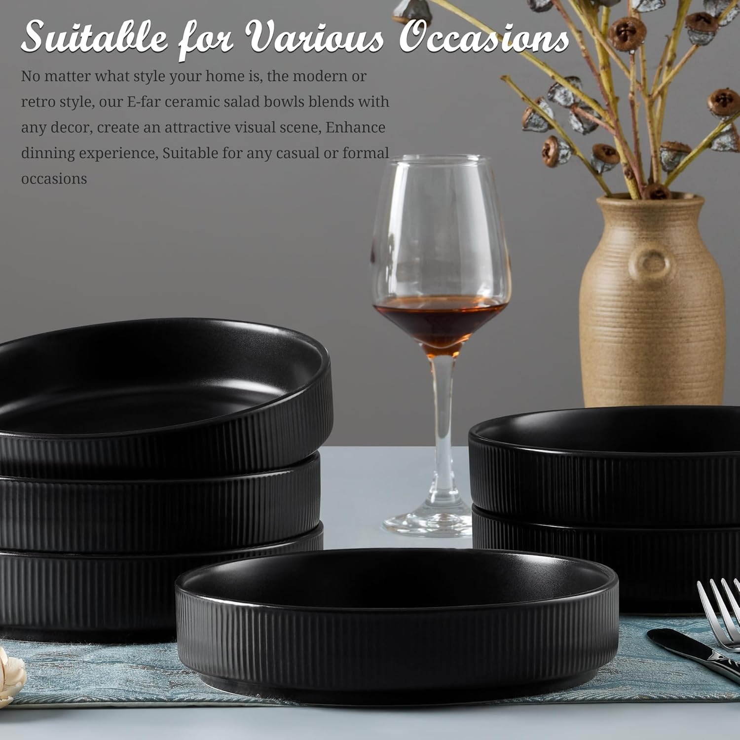 image:imageEfar Pasta Bowls Set of 6 35oz Large Salad Bowl Plate for Dinner Serving Soup Wide amp Shallow Ceramic Stoneware Pasta Plates Microwave amp Dishwasher Safe Reactive Glaze TextureStripe Matte BlackMatte Black