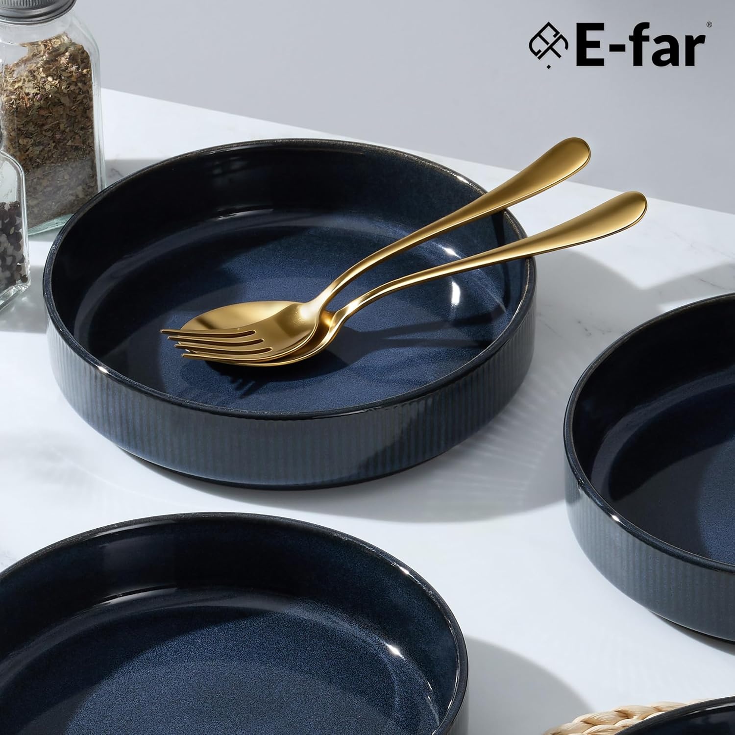 image:imageEfar Pasta Bowls Set of 6 35oz Large Salad Bowl Plate for Dinner Serving Soup Wide amp Shallow Ceramic Stoneware Pasta Plates Microwave amp Dishwasher Safe Reactive Glaze TextureStripe Matte BlackStarry Blue