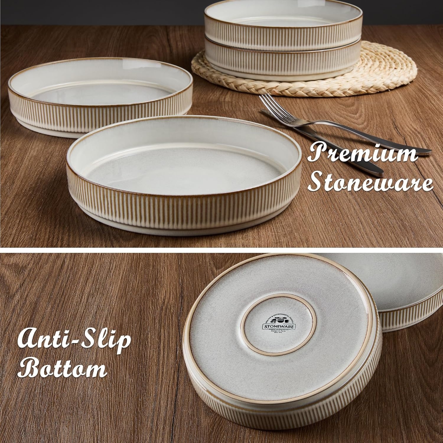 image:imageEfar Pasta Bowls Set of 6 35oz Large Salad Bowl Plate for Dinner Serving Soup Wide amp Shallow Ceramic Stoneware Pasta Plates Microwave amp Dishwasher Safe Reactive Glaze TextureStripe Matte BlackCreamy Beige