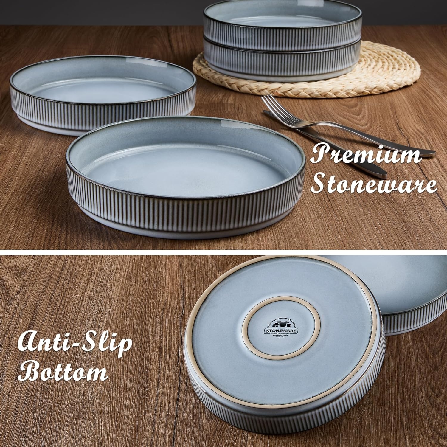 image:imageEfar Pasta Bowls Set of 6 35oz Large Salad Bowl Plate for Dinner Serving Soup Wide amp Shallow Ceramic Stoneware Pasta Plates Microwave amp Dishwasher Safe Reactive Glaze TextureStripe Matte BlackDusty Blue