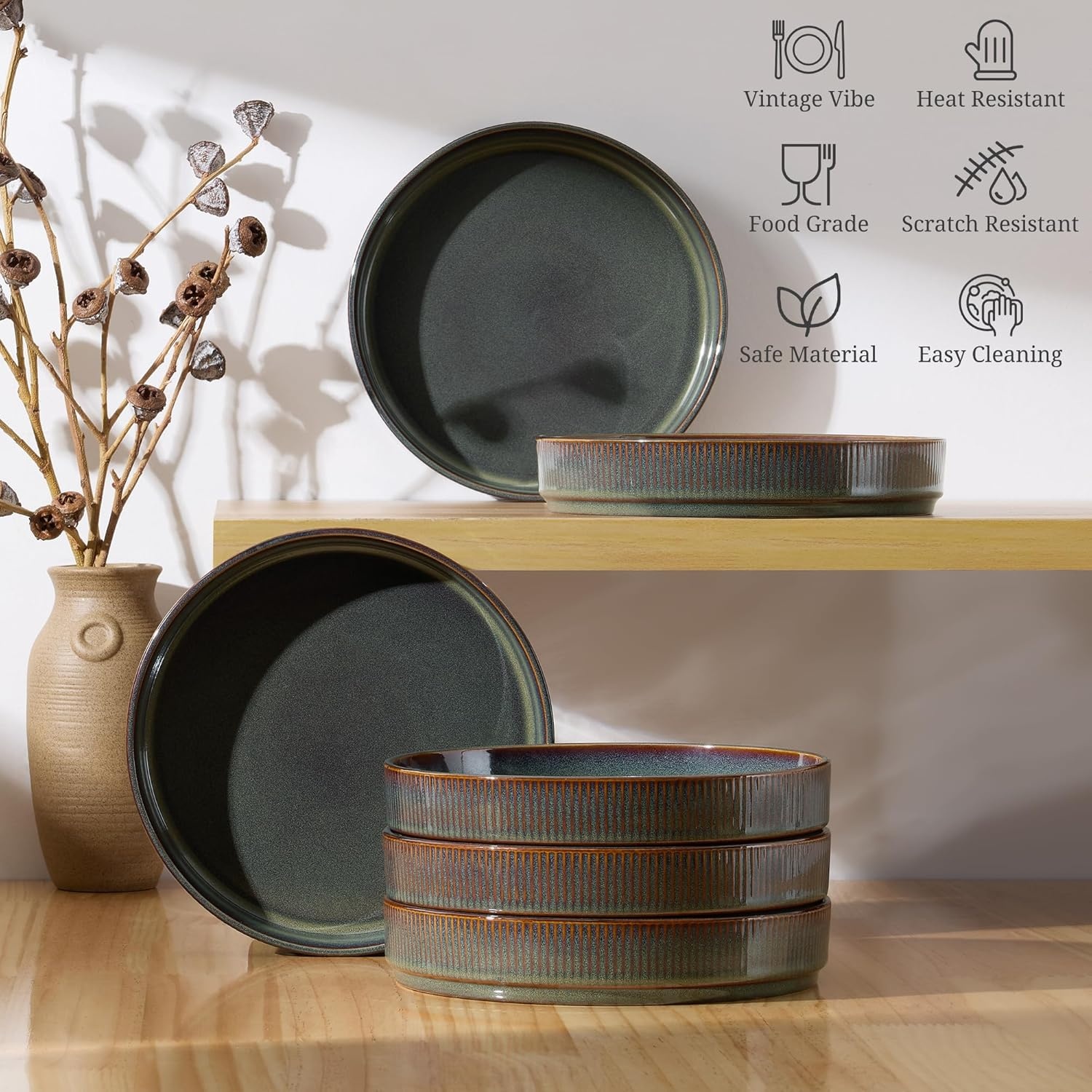 image:imageEfar Pasta Bowls Set of 6 35oz Large Salad Bowl Plate for Dinner Serving Soup Wide amp Shallow Ceramic Stoneware Pasta Plates Microwave amp Dishwasher Safe Reactive Glaze TextureStripe Matte BlackBlackish Green