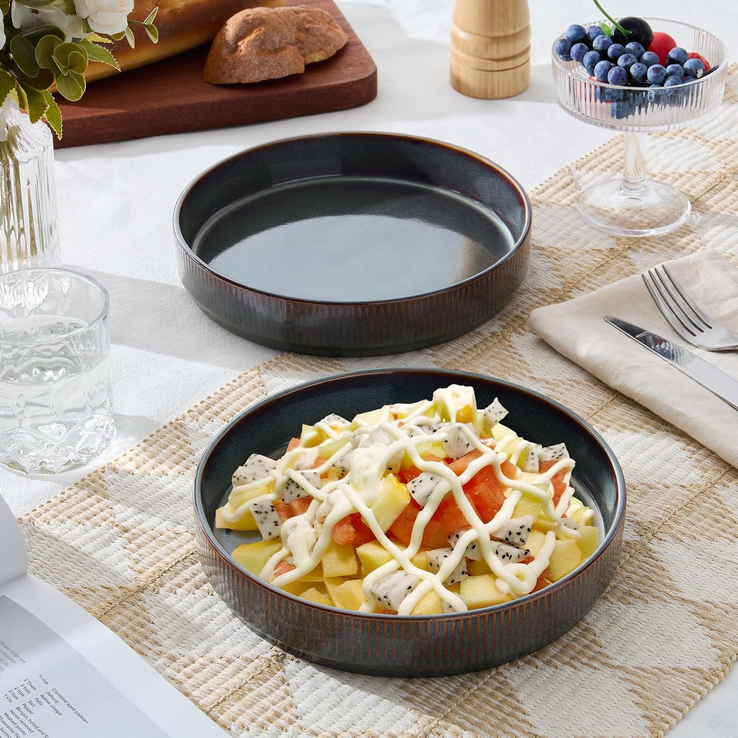 image:imageEfar Pasta Bowls Set of 6 35oz Large Salad Bowl Plate for Dinner Serving Soup Wide amp Shallow Ceramic Stoneware Pasta Plates Microwave amp Dishwasher Safe Reactive Glaze TextureStripe Matte BlackBlackish Green