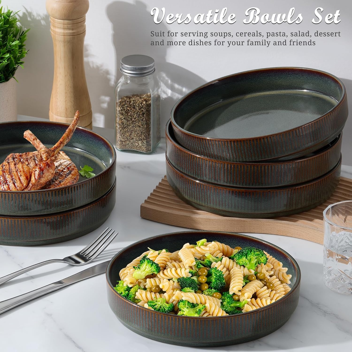 image:imageEfar Pasta Bowls Set of 6 35oz Large Salad Bowl Plate for Dinner Serving Soup Wide amp Shallow Ceramic Stoneware Pasta Plates Microwave amp Dishwasher Safe Reactive Glaze TextureStripe Matte BlackBlackish Green