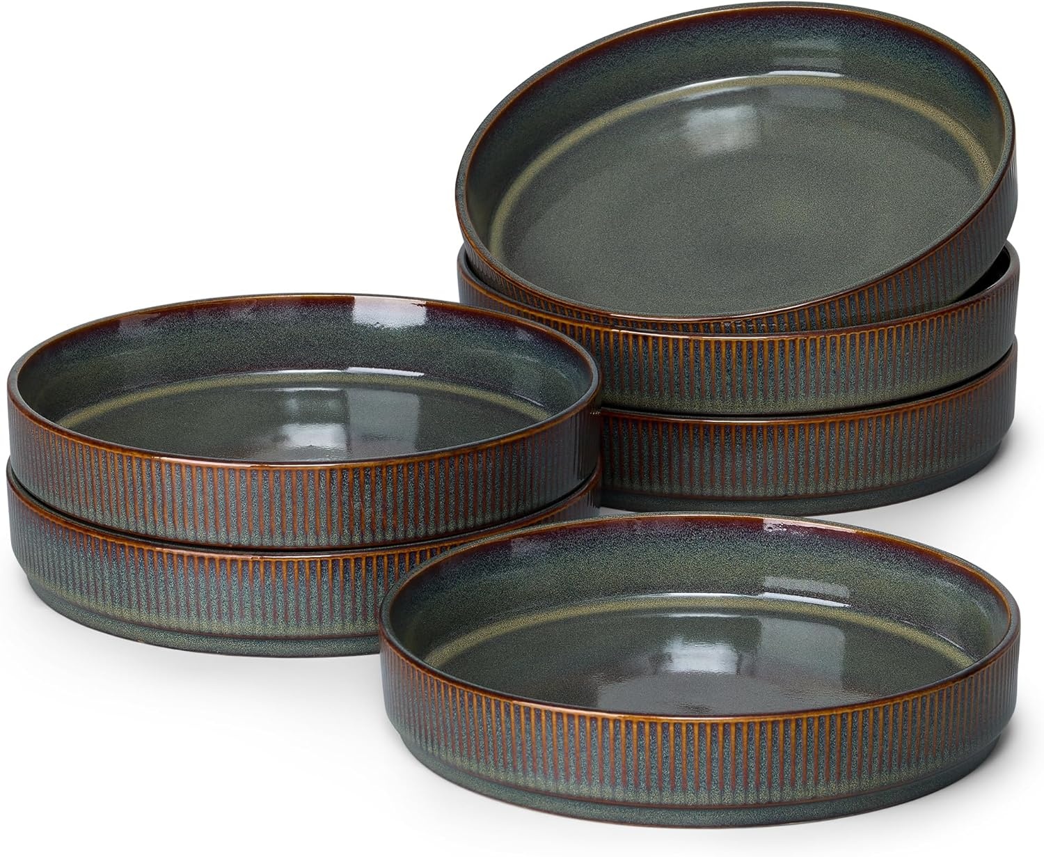 image:imageEfar Pasta Bowls Set of 6 35oz Large Salad Bowl Plate for Dinner Serving Soup Wide amp Shallow Ceramic Stoneware Pasta Plates Microwave amp Dishwasher Safe Reactive Glaze TextureStripe Matte BlackBlackish Green